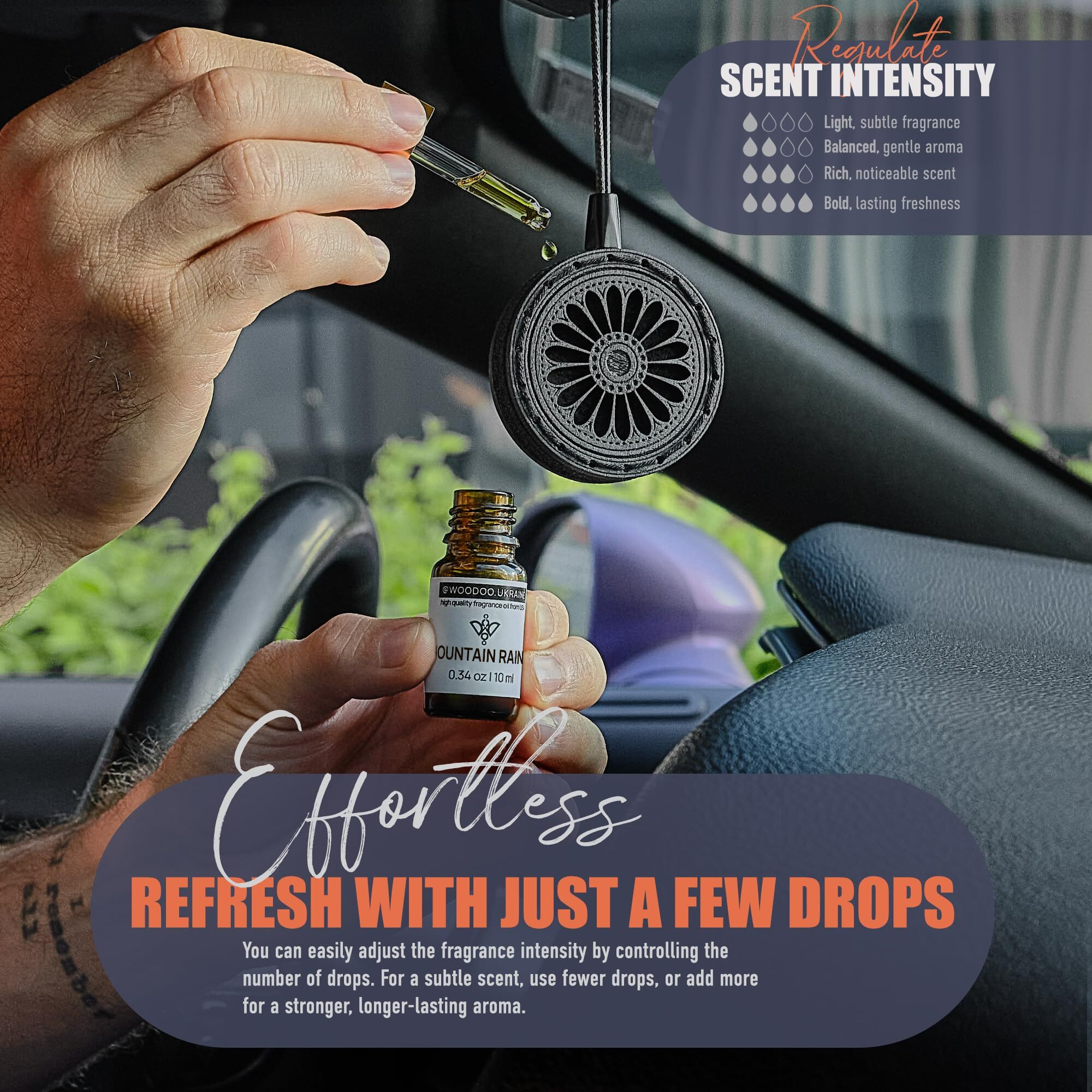 @Woodoo.Ukraine Wood Car Air Freshener - Handmade Air Freshener - Best Wheels Aromatherapy Fragrance Oil Diffuser In Wooden Gift Box - Ready To Gift Set With Mountain Rain Fragrance Oil - 10 Ml