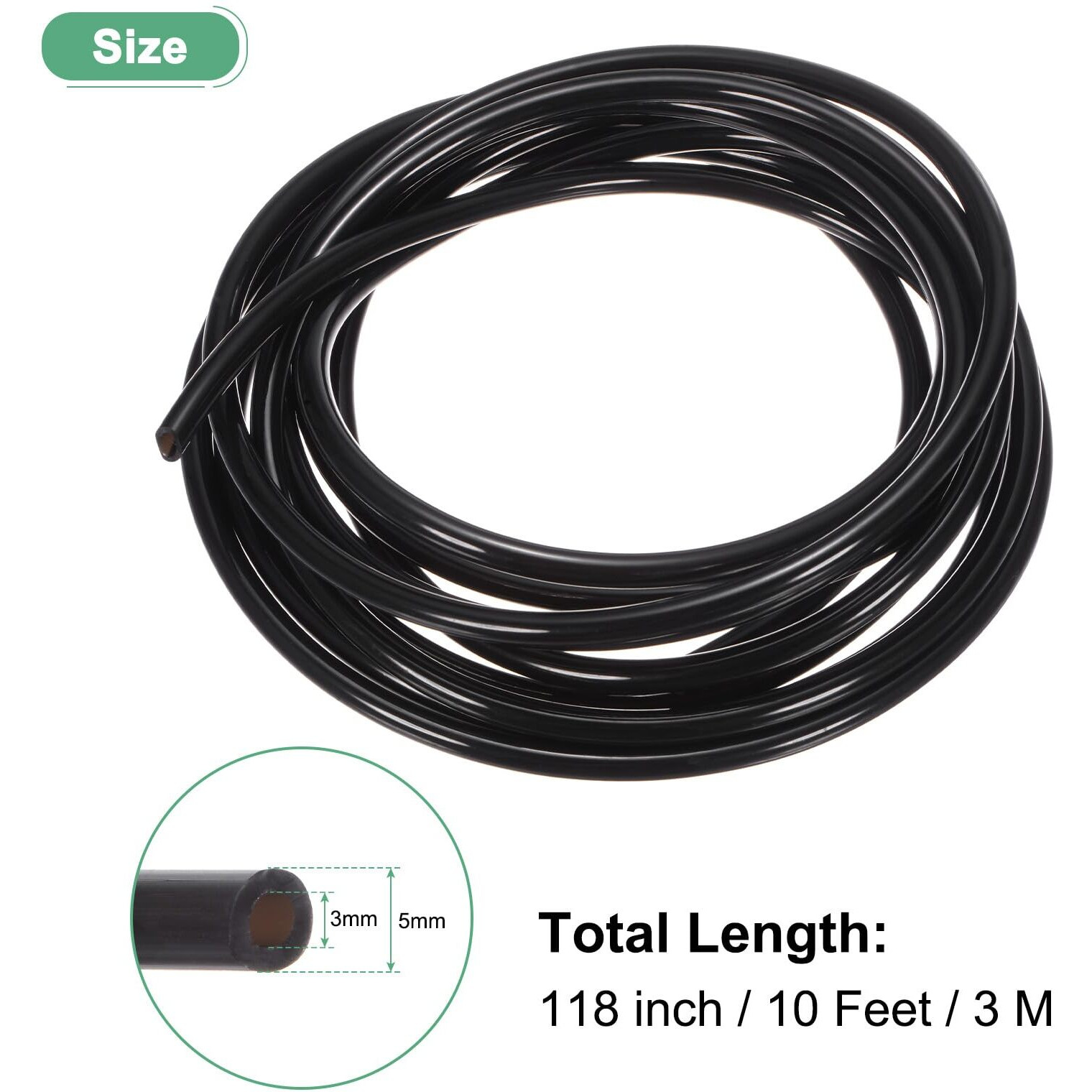 M Meterxity Tubing Carburetor Fuel Vent Line, 3.0Mm(0.12"") Id 5Mm(0.2"") Od 3.0M(10') Long Polyurethane Gas Oil Tube For Atv/Go Kart/Dirt Bike, Universal Petrol Pipe Replacement [Black]