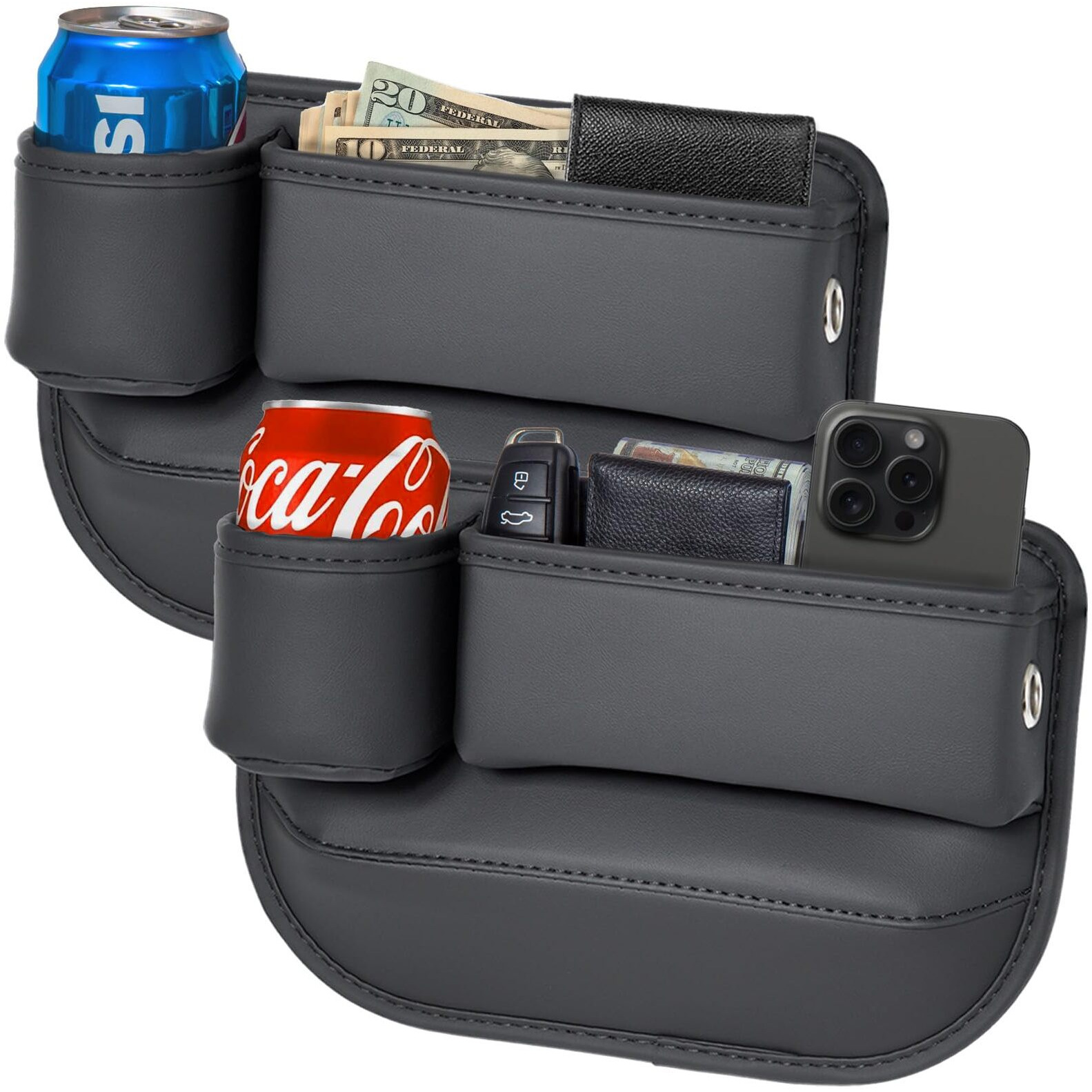 Aizvo 2-Pack Car Seat Gap Filler Organizer With Cup Holder - Premium Leather - Universal Fit - Keeps Cans/Phone/Keys/Wallets Organized(Black)