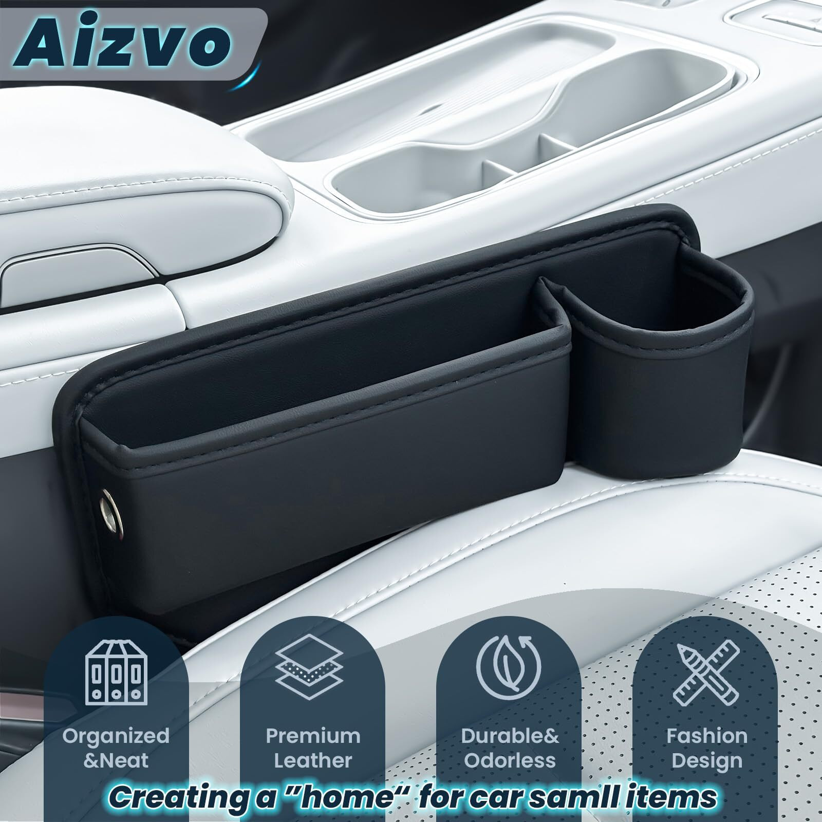 Aizvo 2-Pack Car Seat Gap Filler Organizer With Cup Holder - Premium Leather - Universal Fit - Keeps Cans/Phone/Keys/Wallets Organized(Black)