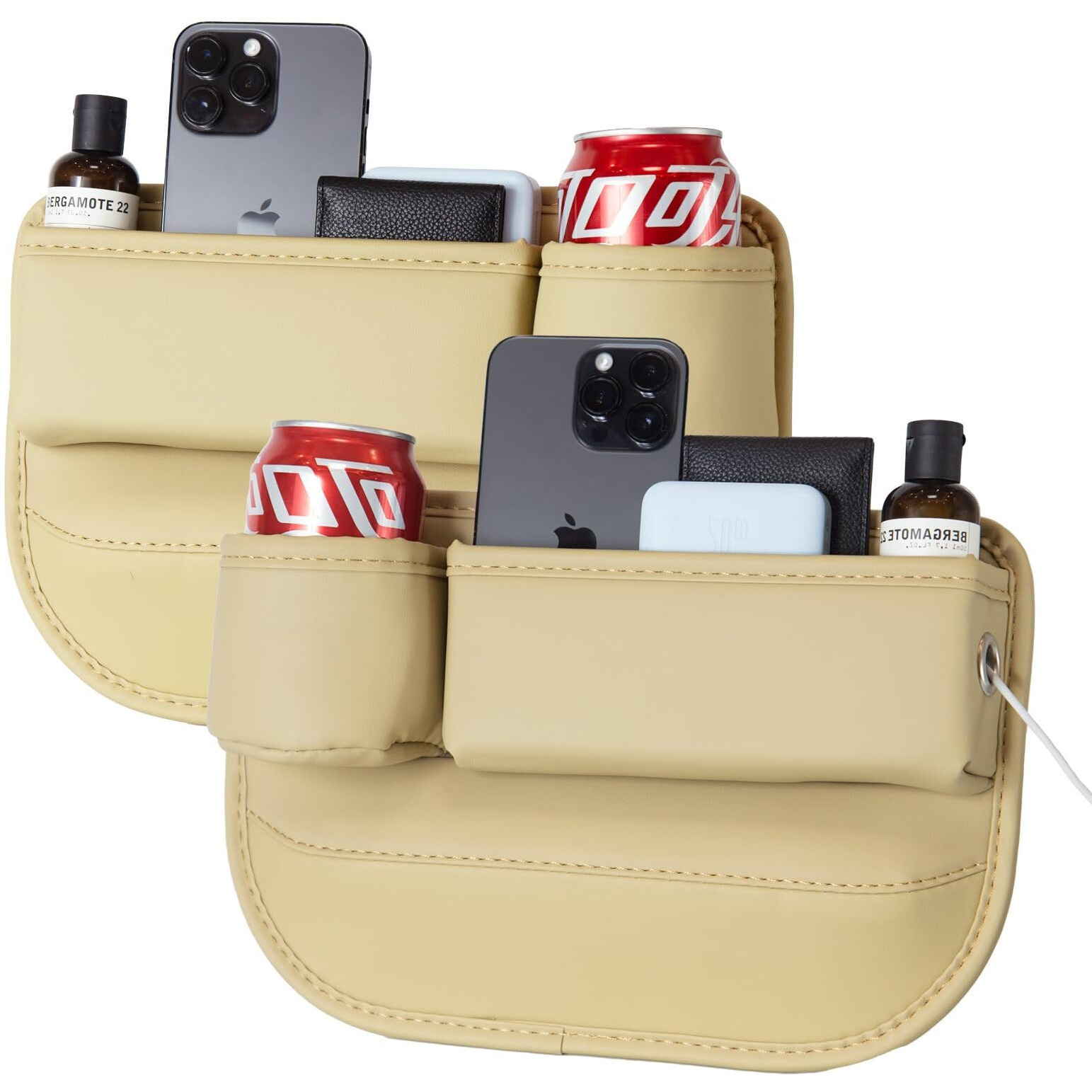 Aizvo 2-Pack Car Seat Gap Filler Organizer With Cup Holder - Premium Leather - Universal Fit - Keeps Cans/Phone/Keys/Wallets Organized(Beige)