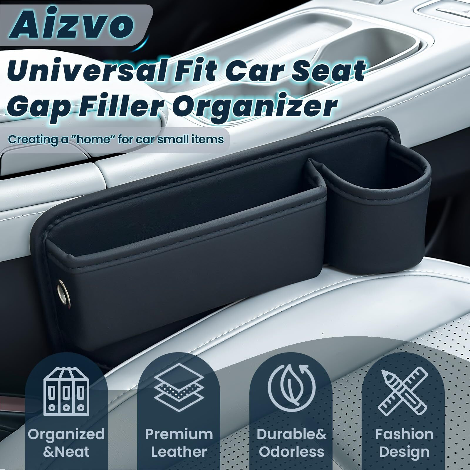 Aizvo 2-Pack Car Seat Gap Filler Organizer With Cup Holder - Premium Leather - Universal Fit - Keeps Cans/Phone/Keys/Wallets Organized(Beige)