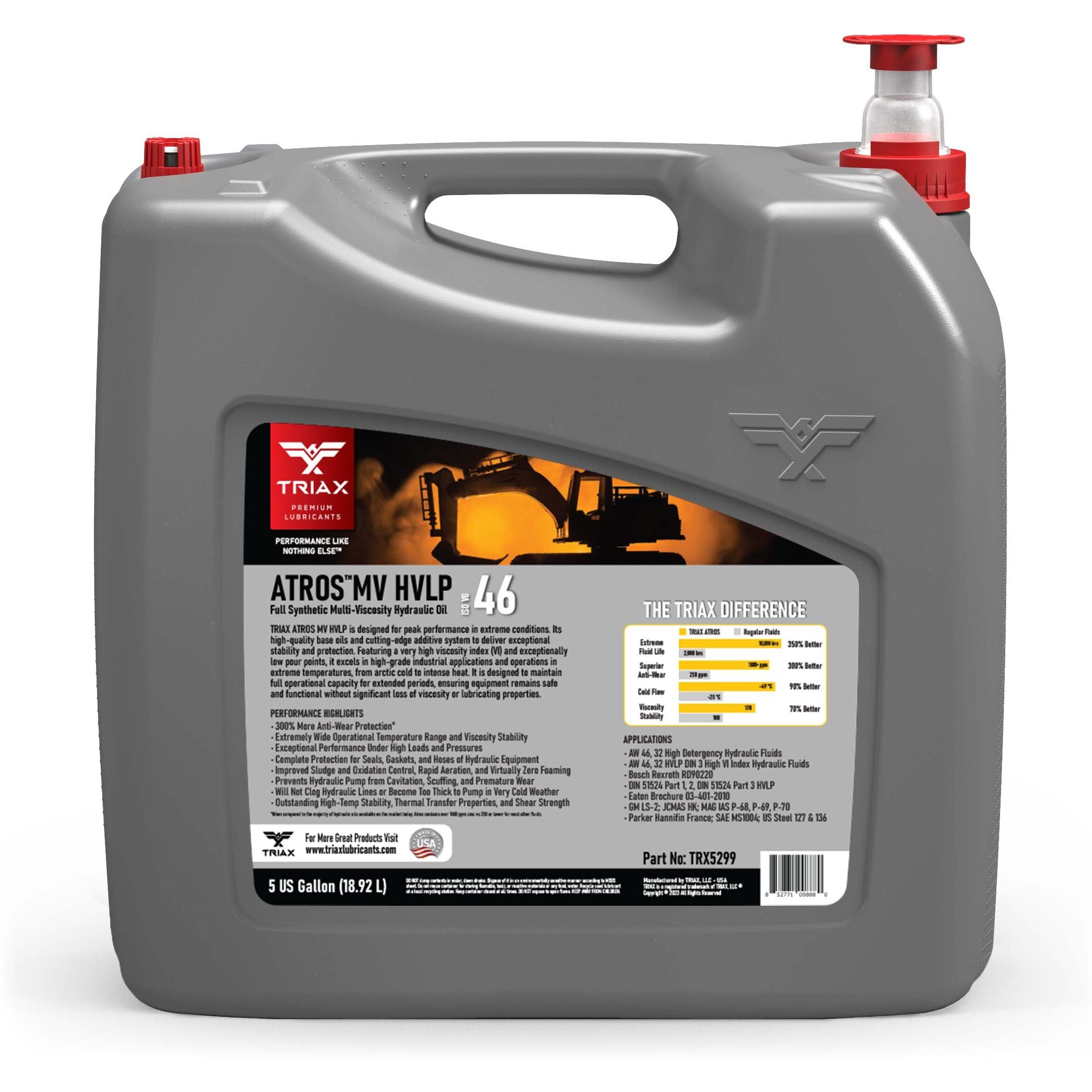 Triax Atros Mv Hvlp 46 Full Synthetic Hydraulic Oil, 300% Additive Anti-Wear Boost, 7,000-10,000 Hour Life, Arctic Grade -54 Cold Flow And High Temp Operations (5 Gallon)