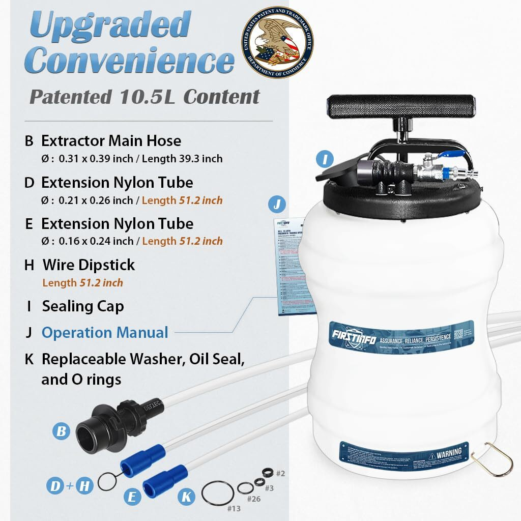 Firstinfo A1107Usy3 Patented 10.5L / 2.7 Gallon Pneumatic/Manual Oil Vacuum Extractor | Oil Change Pump | 47 Inch Tube | Taiwan
