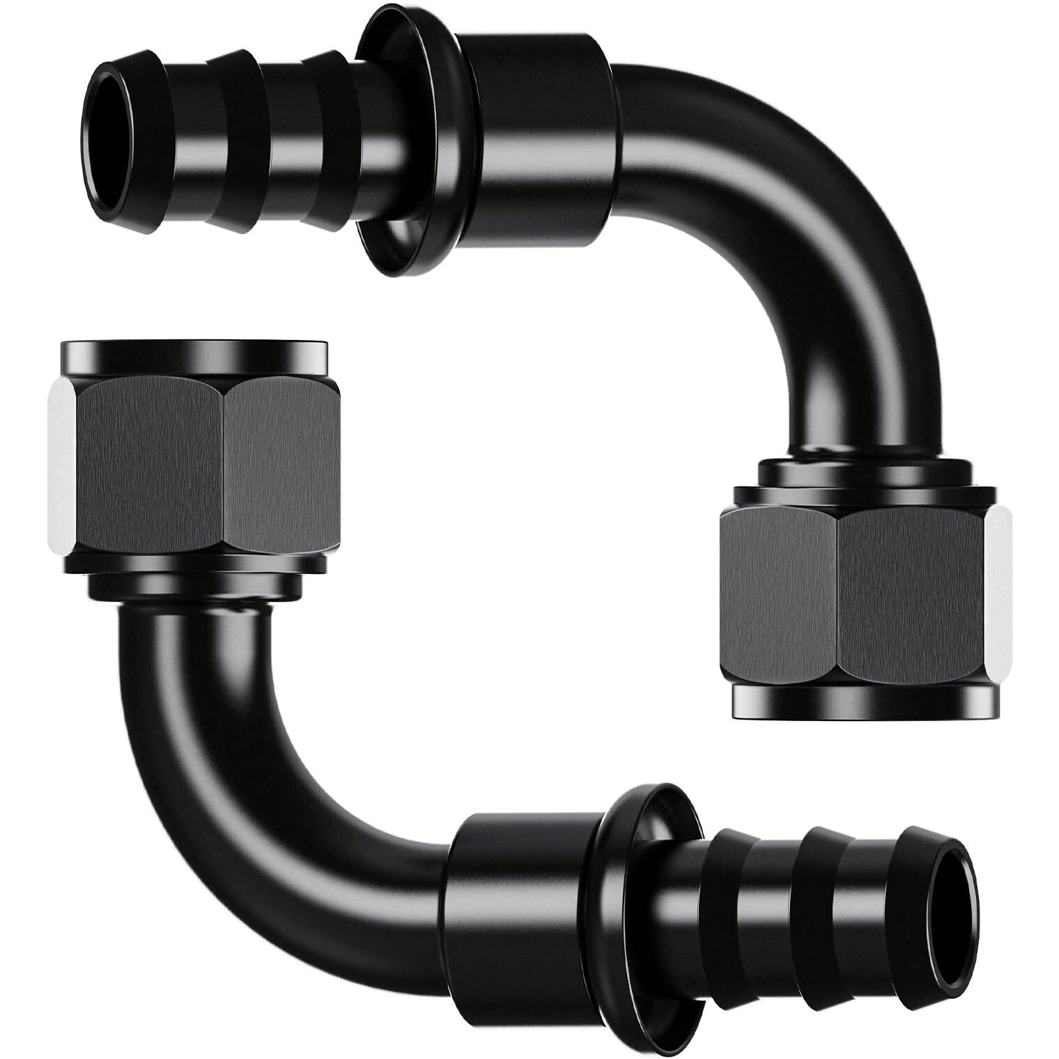 2Pcs 90 12An Female To 3/4"" Push Lock Hose Fitting End For Rubber Fuel Line, Black Hard Two Stage Barb Aluminum Anodized Connector, Automotive Accessories For Vehicle Fuel Oil Line Modification