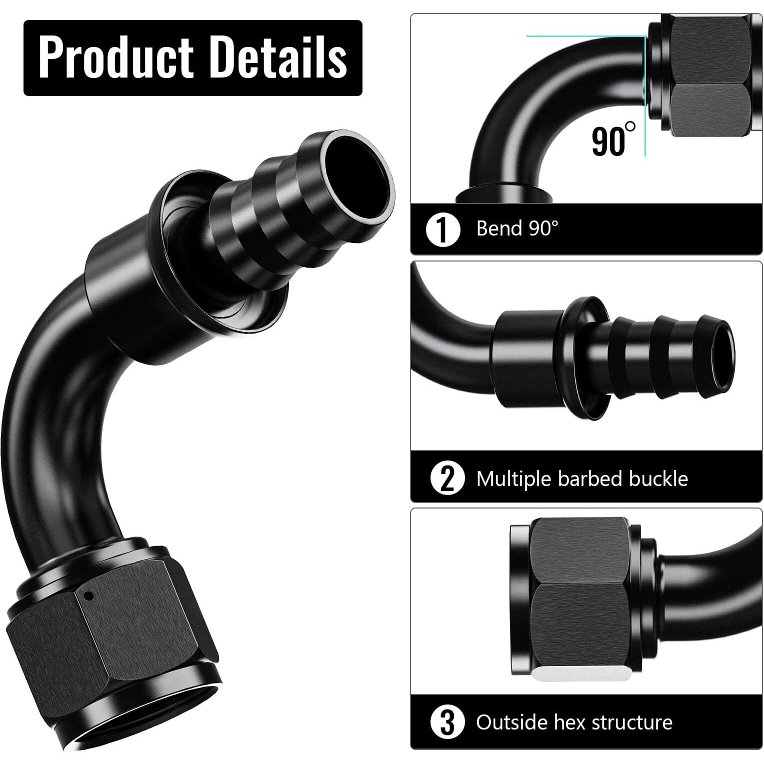 2Pcs 90 12An Female To 3/4"" Push Lock Hose Fitting End For Rubber Fuel Line, Black Hard Two Stage Barb Aluminum Anodized Connector, Automotive Accessories For Vehicle Fuel Oil Line Modification