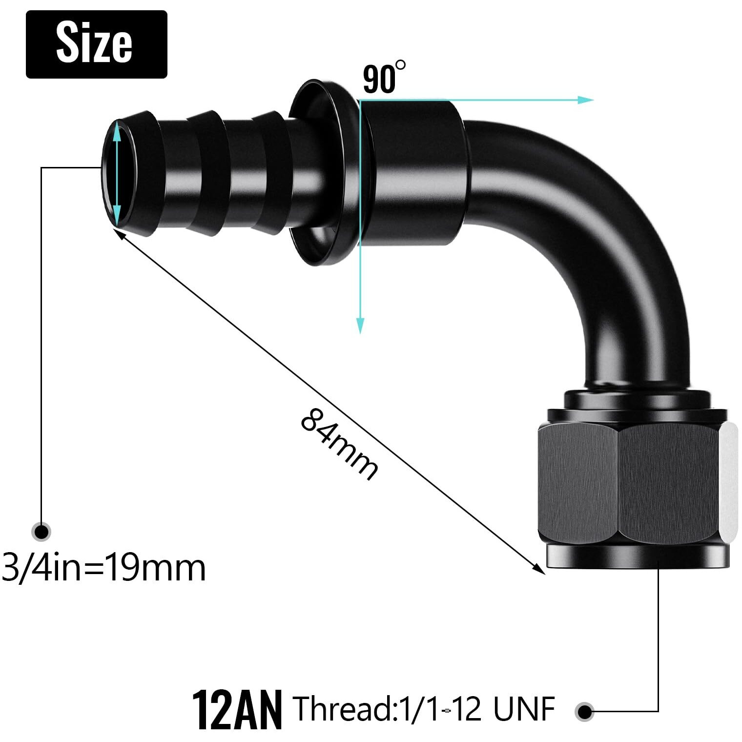 2Pcs 90 12An Female To 3/4"" Push Lock Hose Fitting End For Rubber Fuel Line, Black Hard Two Stage Barb Aluminum Anodized Connector, Automotive Accessories For Vehicle Fuel Oil Line Modification