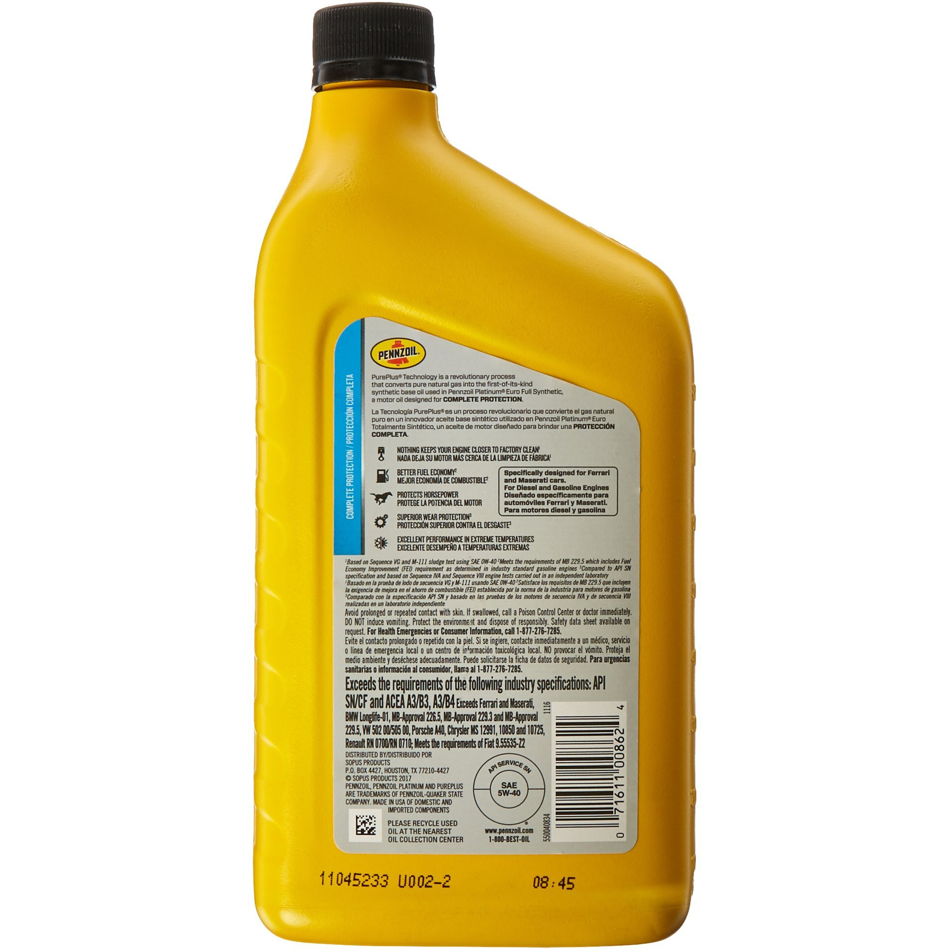 Pennzoil - 550040834 Platinum Euro Full Synthetic 5W-40 Motor Oil (1-Quart, Single-Pack)