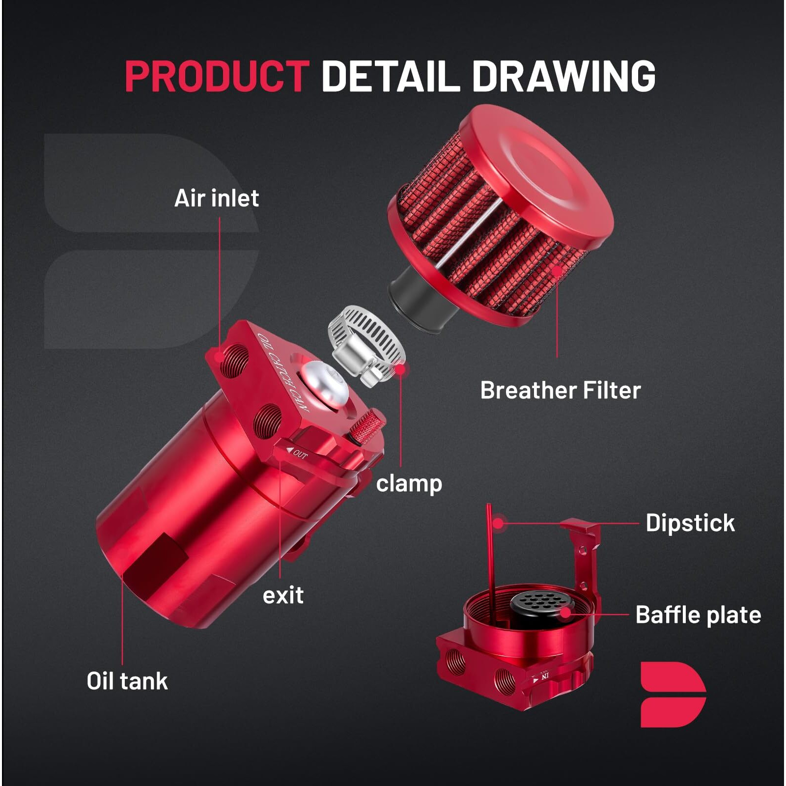 Bdfhyk Oil Catch Can Kit, 300Ml Baffled Oil Can With Breather Filter, Universal Catch Can Kit With 5Ft 3/8"" Id Nbr Fuel Line Hose For Pcv System Red