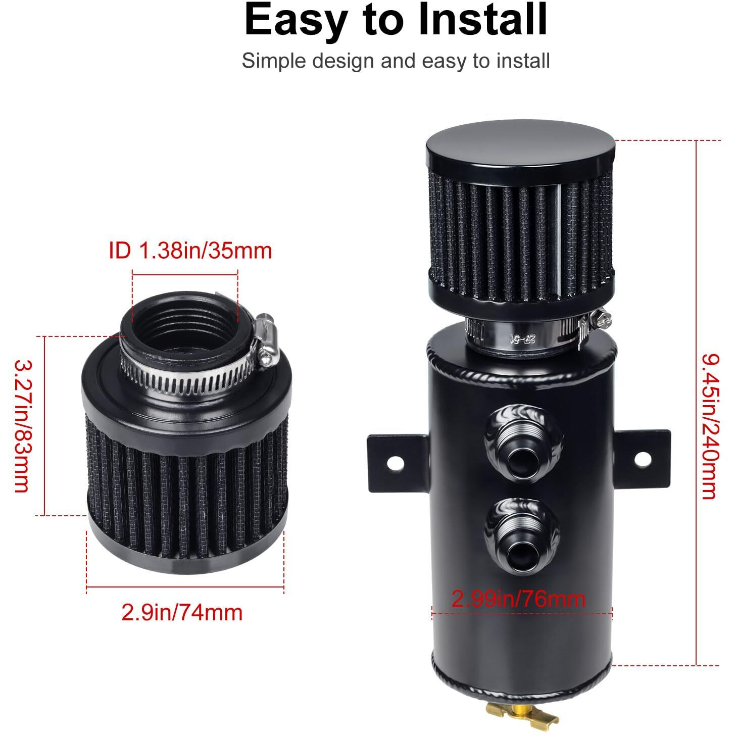 Vehimata Baffled Oil Catch Can 10An, 750Ml Universal Oil Breather Tank With Valve Aluminum Black