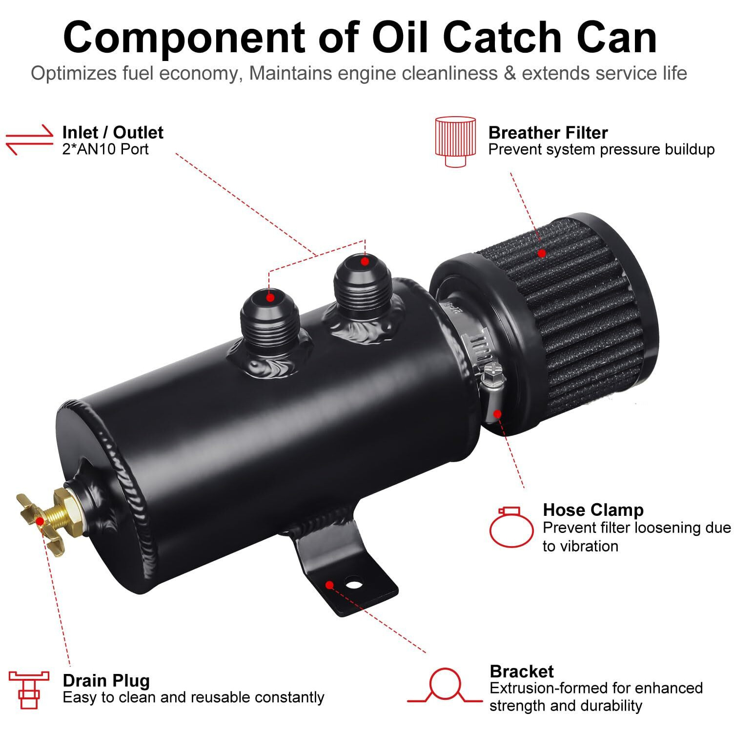 Vehimata Baffled Oil Catch Can 10An, 750Ml Universal Oil Breather Tank With Valve Aluminum Black