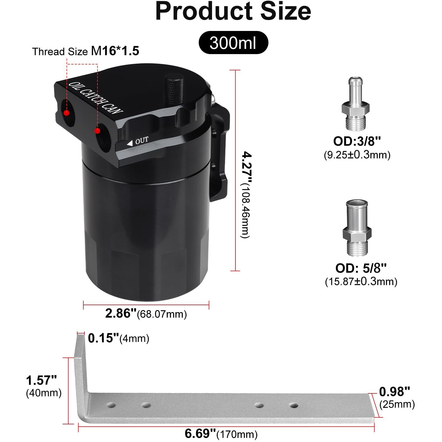 Vehimata Oil Catch Can Kit, 300Ml Universal Baffled Catch Can Air Oil Separator Tank With 2.6Ft Nbr Fuel Hose For Pcv System Aluminum Black