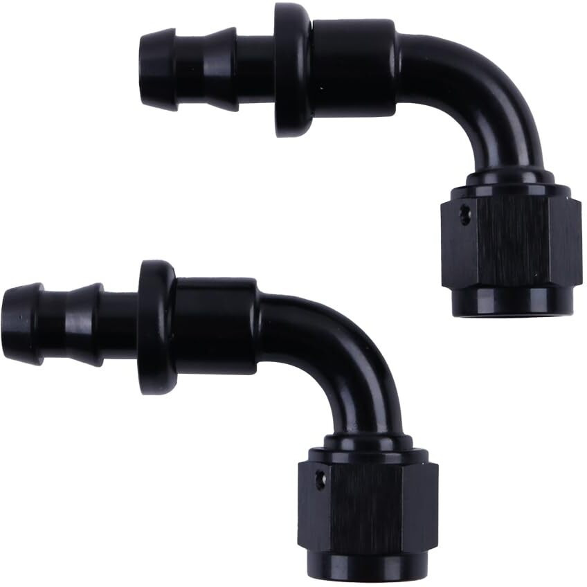 Zap Performance 6An Female To 3/8 Inch Barb Hose Fitting 90 Degree Black Push-On/Lock Fuel Cooler Kits, Fitting For Rubber Fuel Oil Line (2 Pcs)