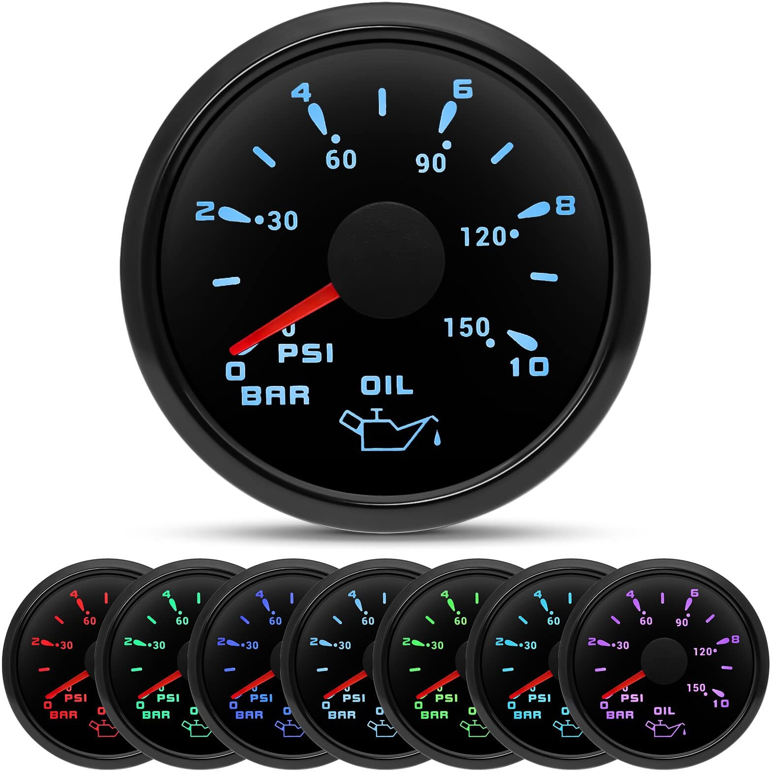 Artilaura Oil Pressure Gauge Electric 2-1/16"" 52Mm 0-150 Psi 0-10Bar Boat Meter 7 Color For Auto Car Truck Marine (All Black)