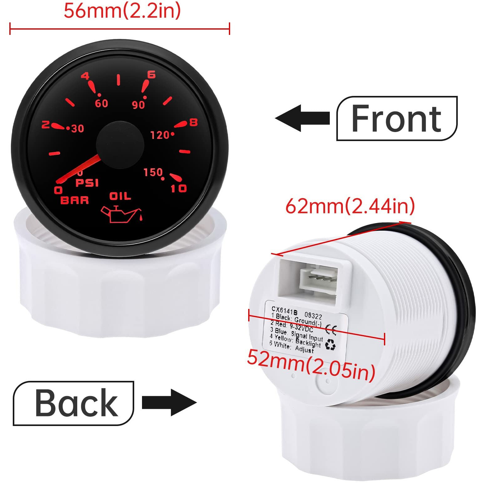 Artilaura Oil Pressure Gauge Electric 2-1/16"" 52Mm 0-150 Psi 0-10Bar Boat Meter 7 Color For Auto Car Truck Marine (All Black)