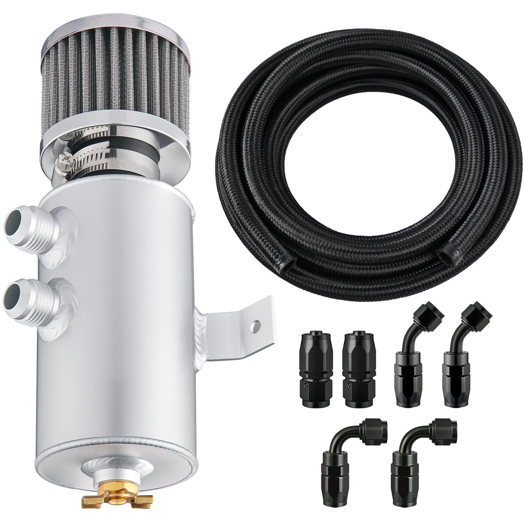 Evil Energy 10An Oil Catch Can, 750Ml Breather Tank With An10 Fuel Line Kit Nylon Braided Cpe 10Ft, 2 Port Oil Separator Catch Can Universal