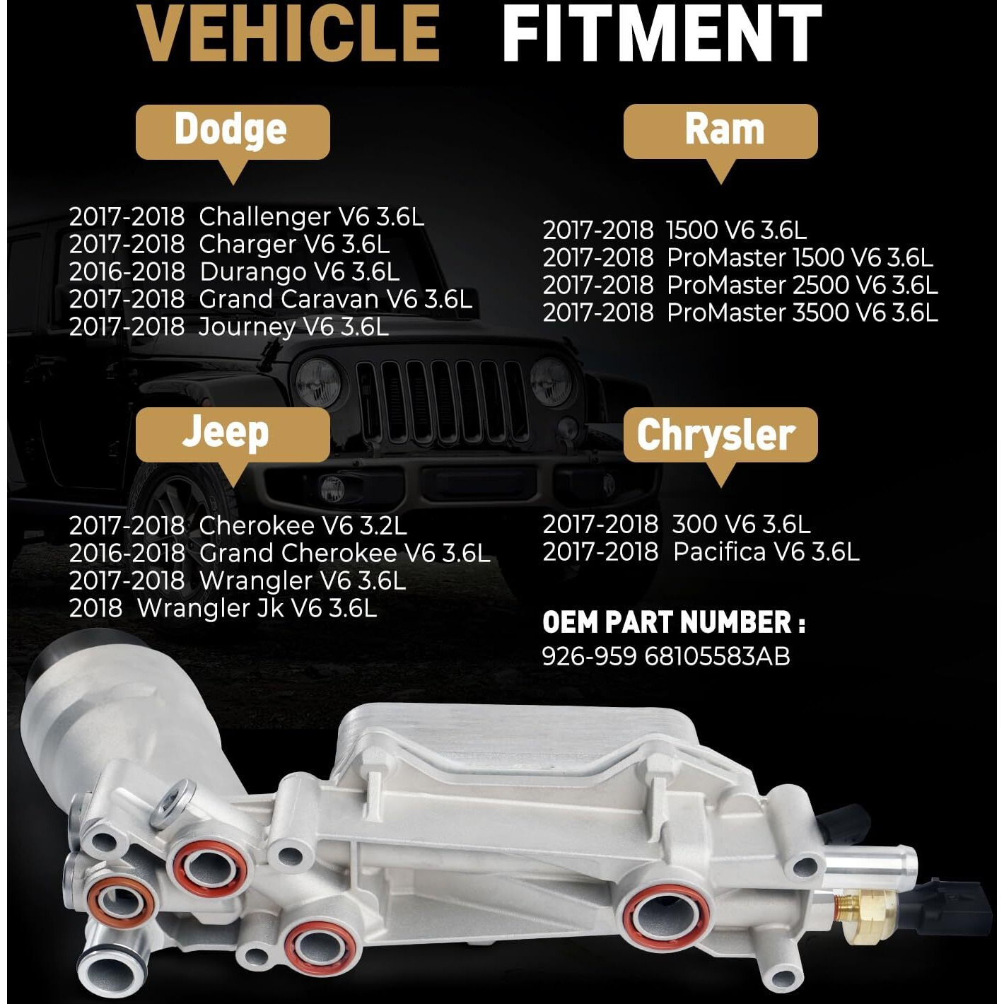 926-959 Upgrade Aluminum Engine Oil Filter Housing Oil Cooler Kit For 2017-2018 Dodge Challenger Charger Journey Caravan Durango Jeep Wrangler Grand Cherokee Chrysler 200 300 Ram Promaster 3.6 926-876
