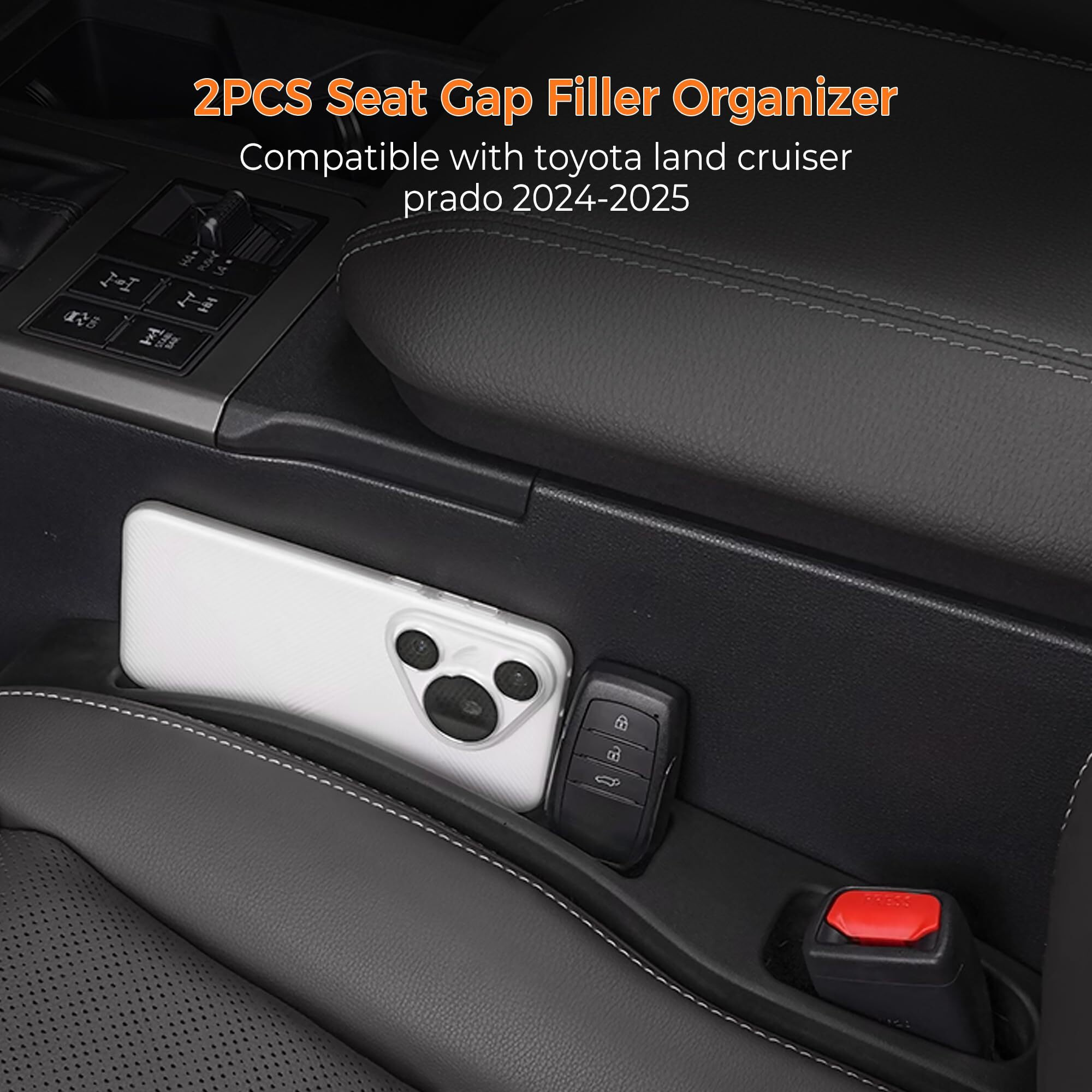 Nakonic 2 Pack Car Seat Gap Filler Organizer Compatible With Toyota Land Cruiser 2024 2025 Accessories,Car Gap Seat Filler Prevents Things Dropping,Seat Gap Filler With Phone Holder(Black)