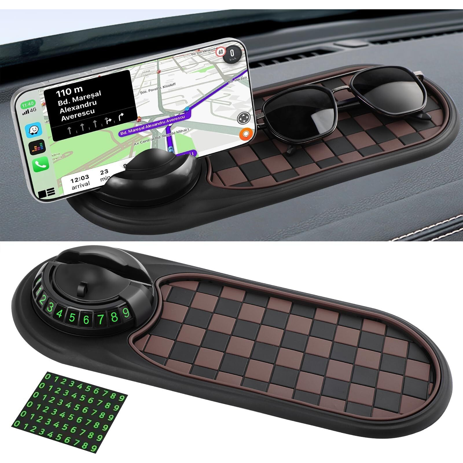 Multifunction Car Anti-Slip Mat Auto Phone Holder, Car Anti Slip Mat Phone Holder, Rotatable Anti Skid Car Dashboard Pad With Temporary Parking Number,Large Pad For Sunglasses Keys (Brown-Black)