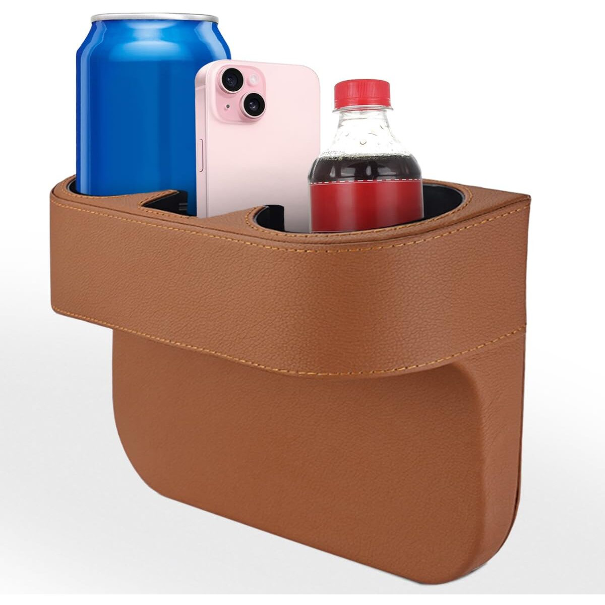 Car Cup Holder, Auto Front Seat Organizer, Multifunctional Cup Drink Holders With Pu Leather Cover, Gap Filler Storage Box Coin Bucket Console Side Pocket Cell Mobile Phone Holder (Brown)