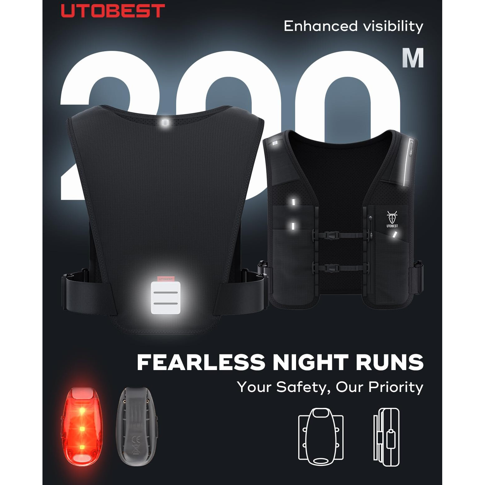 Utobest Running Vest For Women Men, Reflective Hydration Vest, 5L Phone Holder With Adjustable With Led Safety Light Black (M)