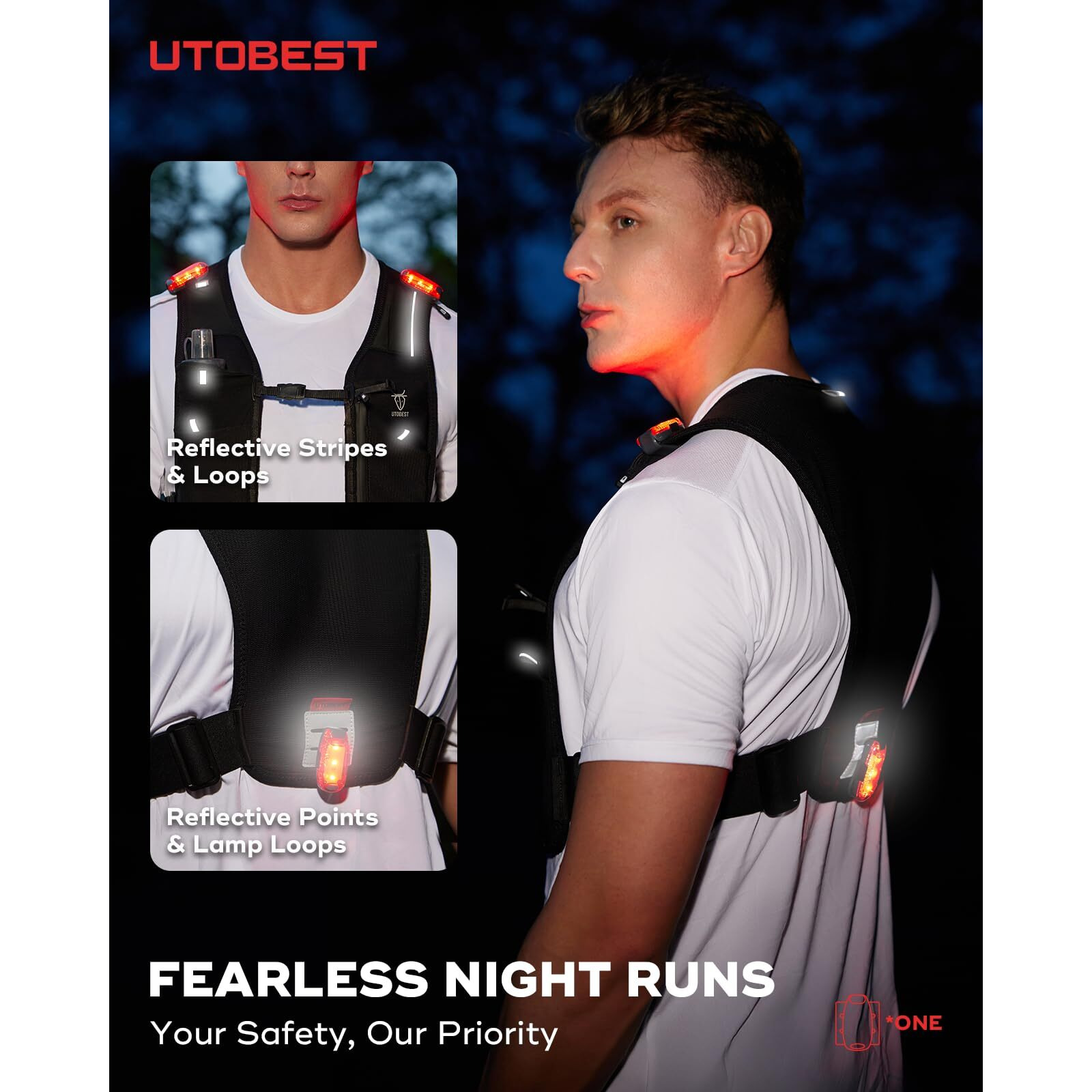 Utobest Running Vest For Women Men, Reflective Hydration Vest, 5L Phone Holder With Adjustable With Led Safety Light Black (M)