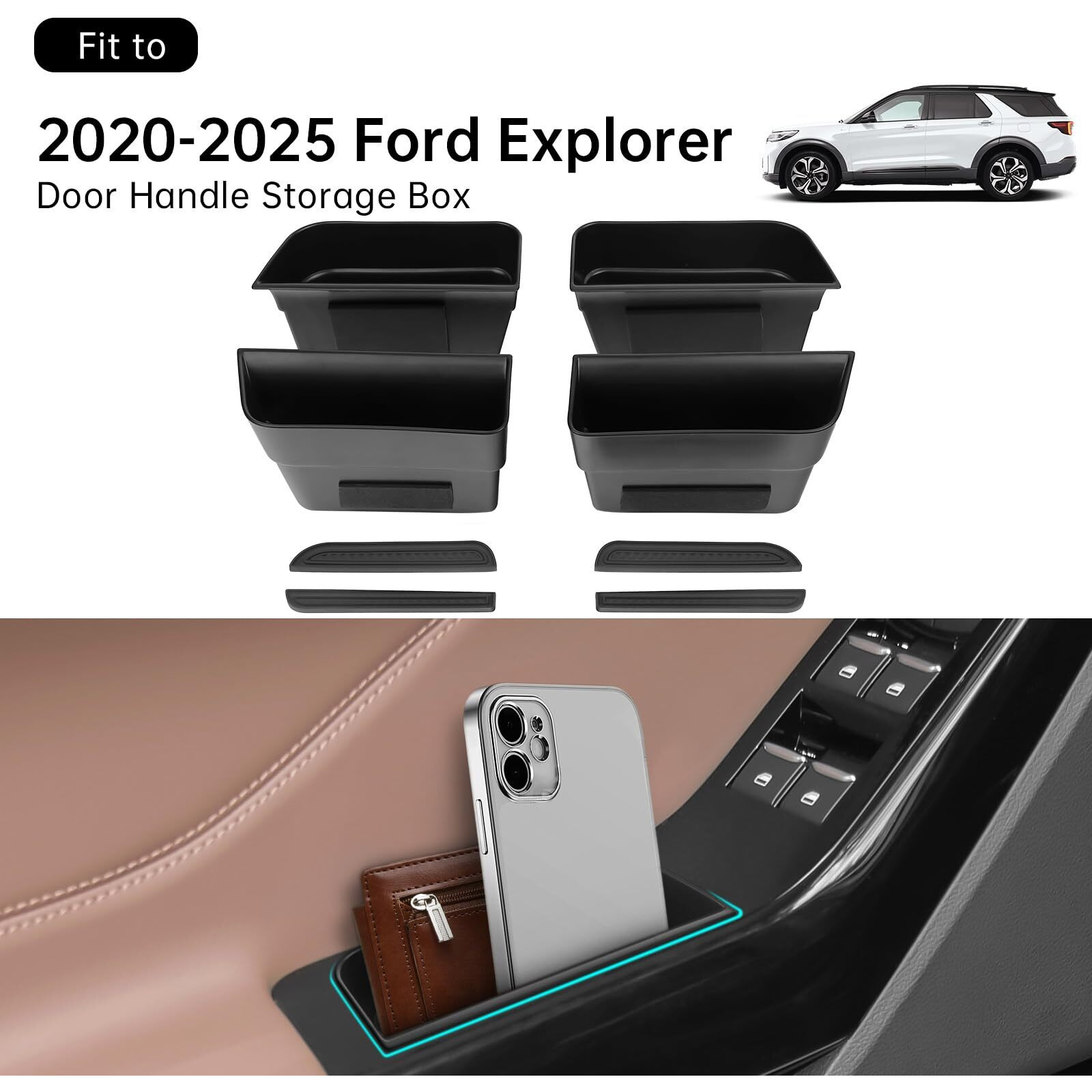 Dwkjmycp 4Pcs Door Grab Tray Door Organizer For Ford Explorer 2020 2021 2022 2023 2024 2025 Front And Rear Accessories Phone Holder Container Handle Pocket Storage Box Abs Plastic, Black Mat