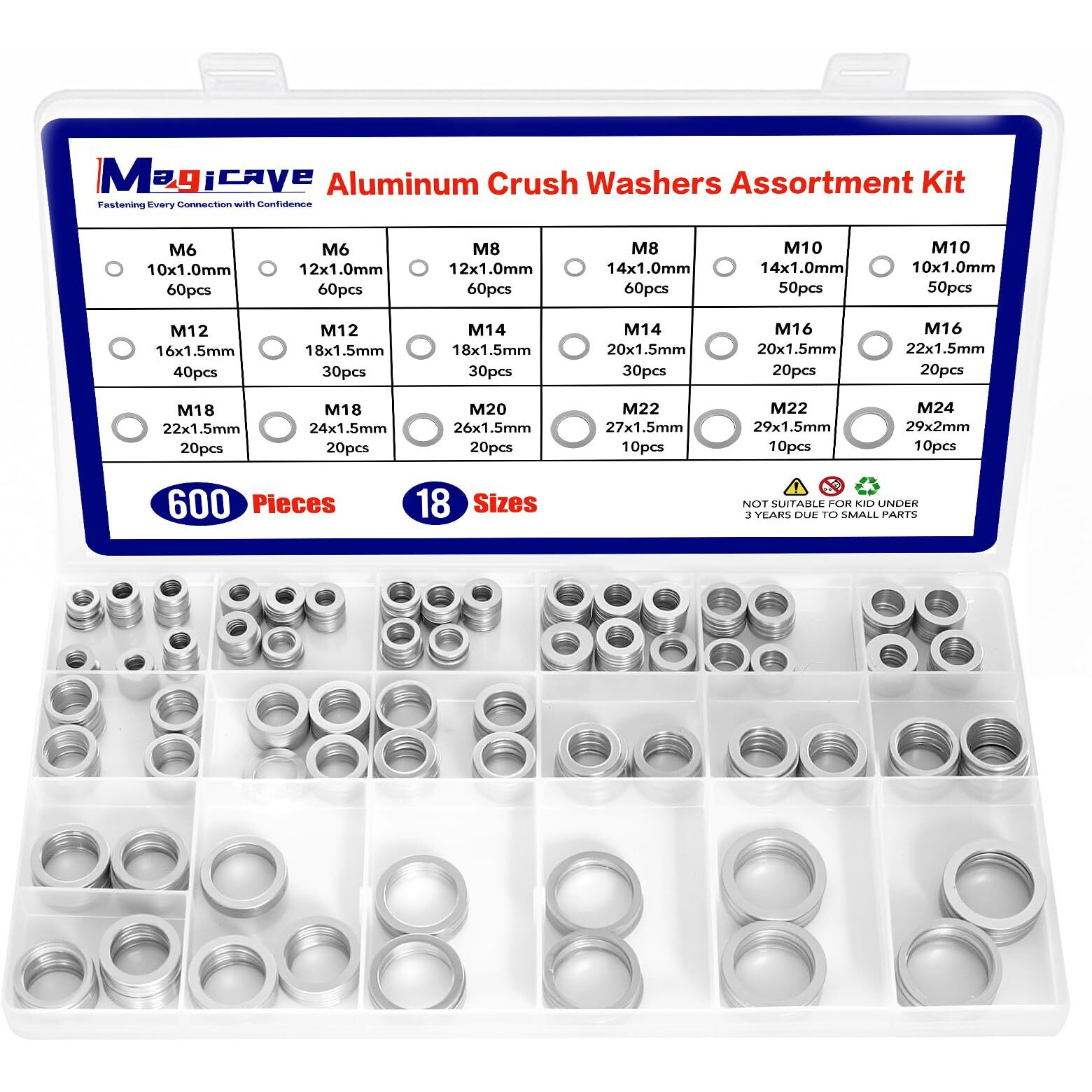 600 Pcs Aluminum Crush Washer Assortment Kit - 18 Sizes Oil Drain Plug Gasket Assortment, Drain Plug Washer Kit For Automotive Oil Pan Repair (M6 To M24)