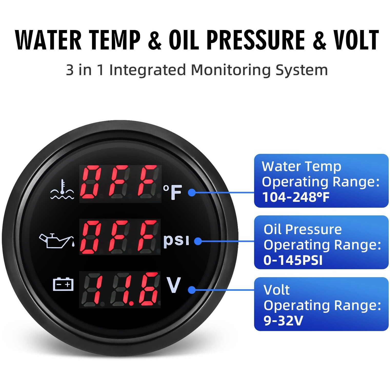Maimeimi Triple Gauge Set 3 In 1 (Oil Pressure Psi + Watertemp F + Volt) 2-1/16"" 52Mm Car Meter Auto Gauge Set With Water Temp & Oil Pressure Sensor For Car Truck Boat Vehicle Marine