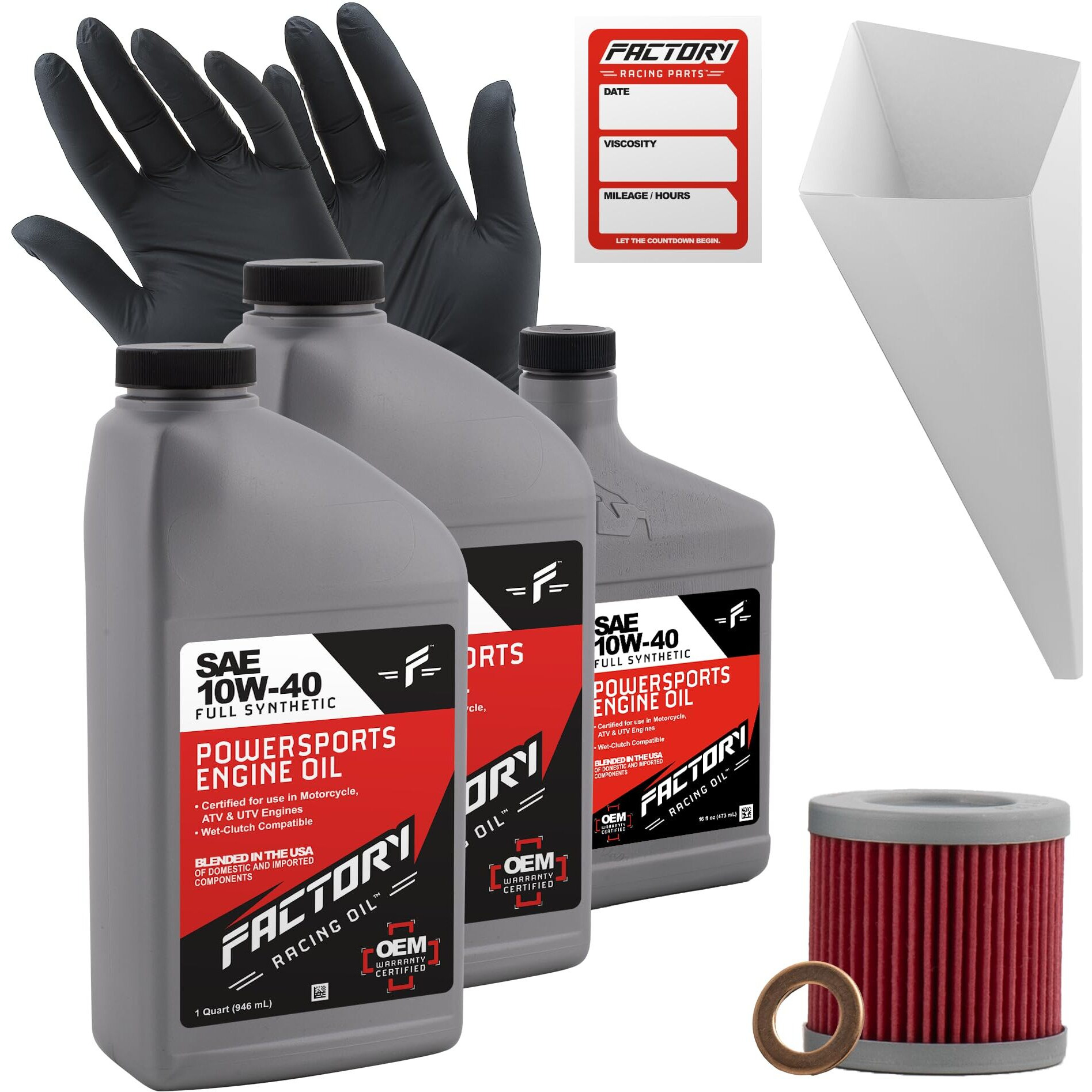 Factory Racing Parts Oil Change Kit Compatible With Suzuki Lt-Z400 Quadsport - Includes 2.5 Quarts Of 10W-40 Full Synthetic Oil, 1 Filter, 1 Crush Washer, 1 Funnel, 1 Oil Change Reminder Sticker