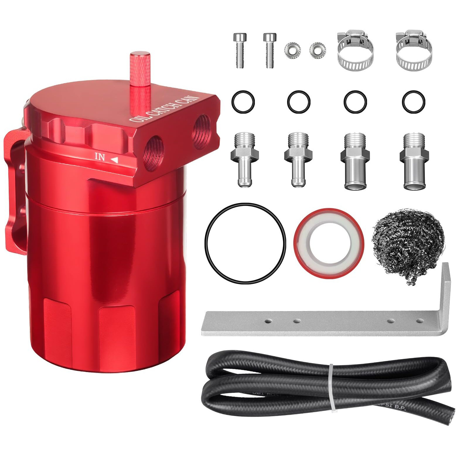 Vehimata Oil Catch Can Kit, 300Ml Universal Baffled Catch Can Air Oil Separator Tank With 2.6Ft Nbr Fuel Hose For Pcv System Aluminum Red
