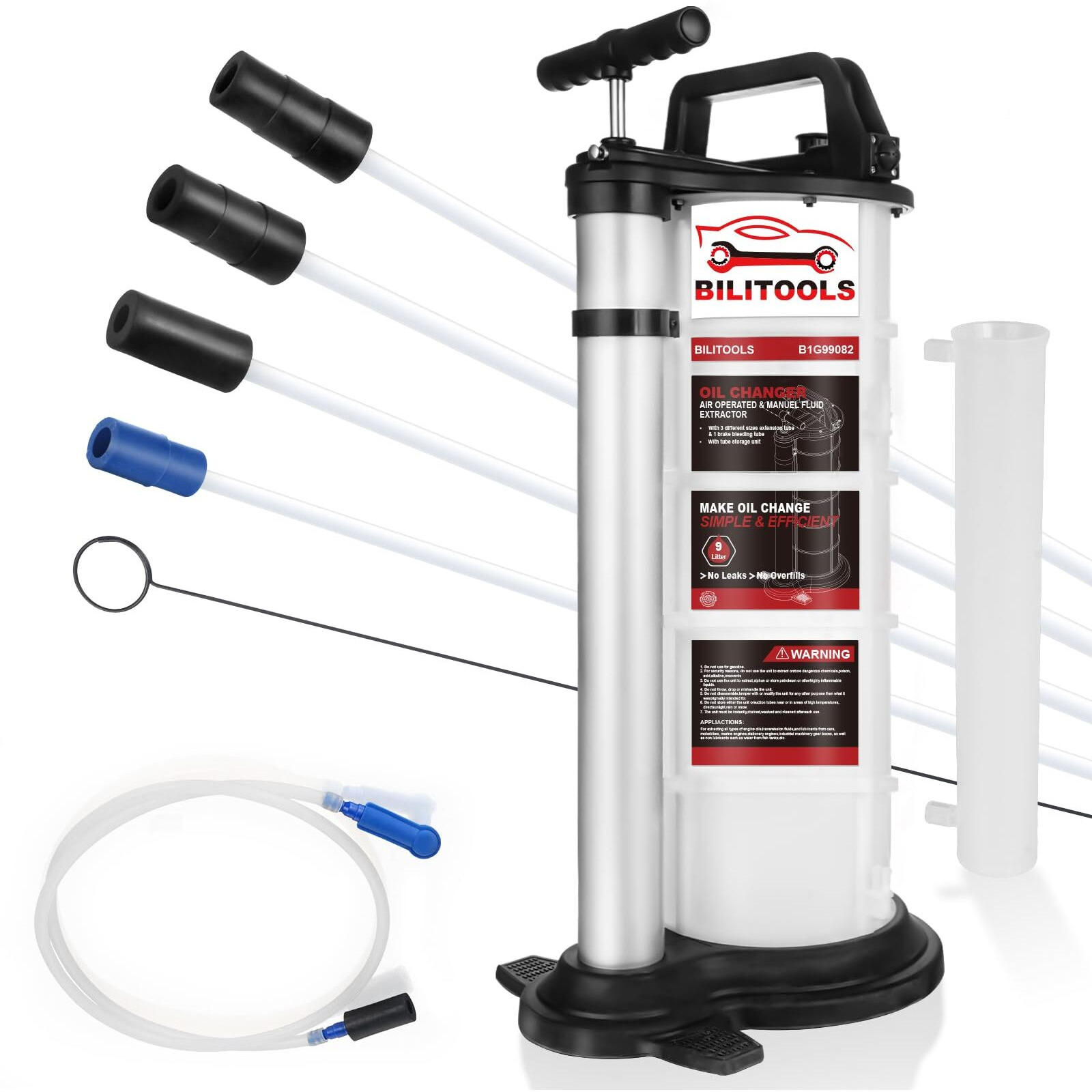 Bilitools 2 In 1 9L Vacuum Oil Pump Extractor Pneumatic/Manual Automotive Oil Change Tool Large Capacity 2.4 Gallon Air Operated Engine Dipstick Fluid Extractor For Boat Marine Jetski Ect.