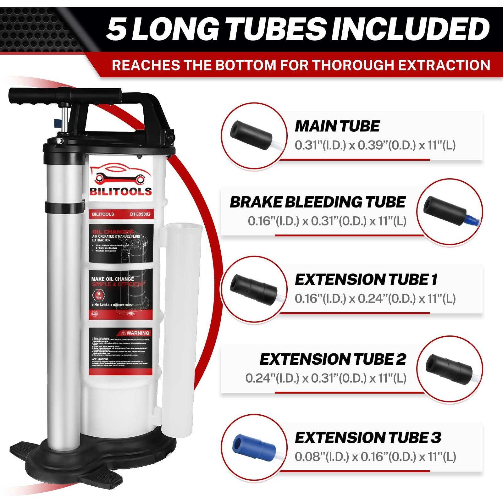 Bilitools 2 In 1 9L Vacuum Oil Pump Extractor Pneumatic/Manual Automotive Oil Change Tool Large Capacity 2.4 Gallon Air Operated Engine Dipstick Fluid Extractor For Boat Marine Jetski Ect.