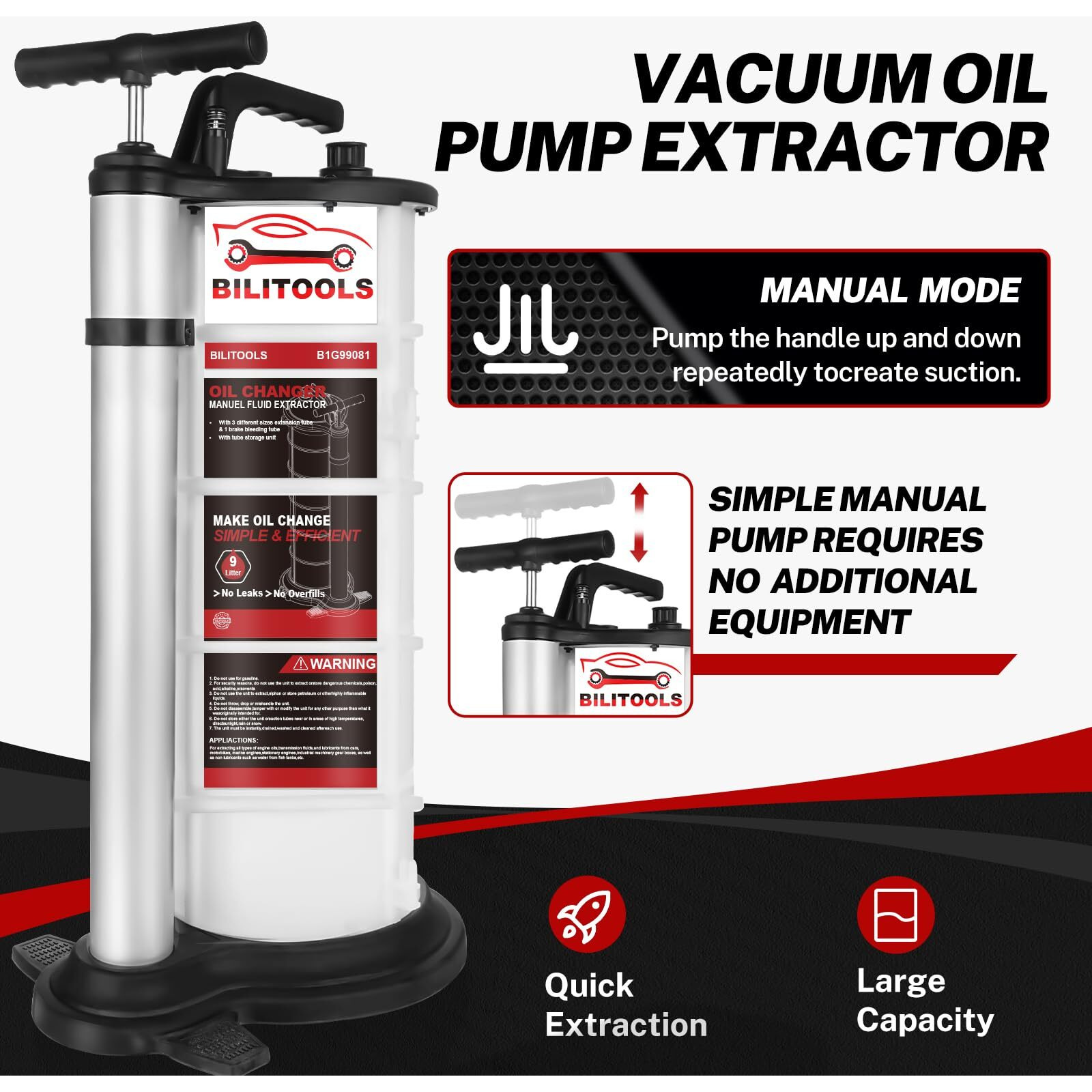 Bilitools 2 In 1 9L Vacuum Oil Pump Extractor Pneumatic/Manual Automotive Oil Change Tool Large Capacity 2.4 Gallon Air Operated Engine Dipstick Fluid Extractor For Boat Marine Jetski Ect.