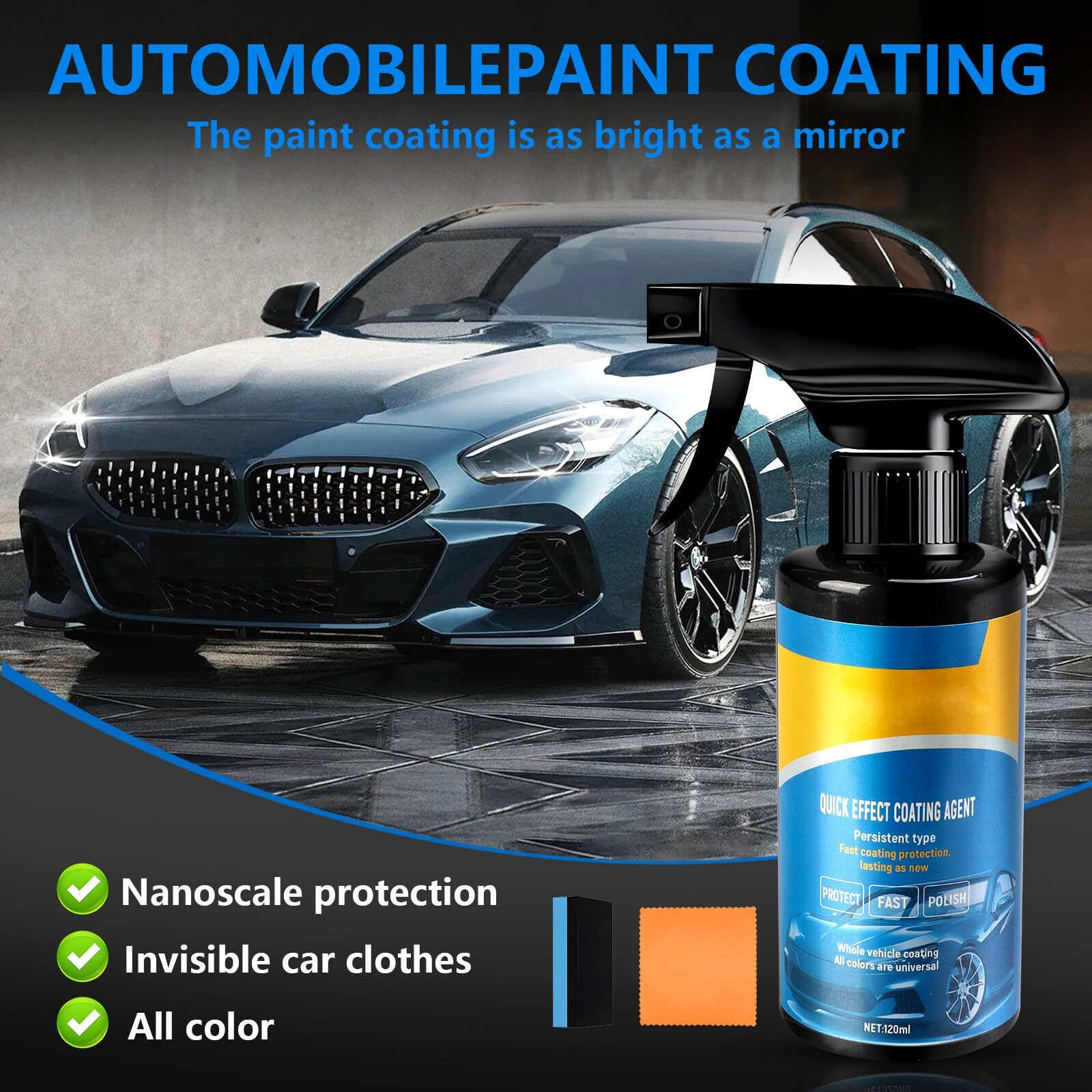 Car Coating Spray,Quick Effect Coating Agent,Car Scratch Wax Polish Spray Waterless Wash,Easy To Use,Multi-Purpose Oil Film Emulsion Glass Cleaner(2Pcs+Sponge+Cloth)