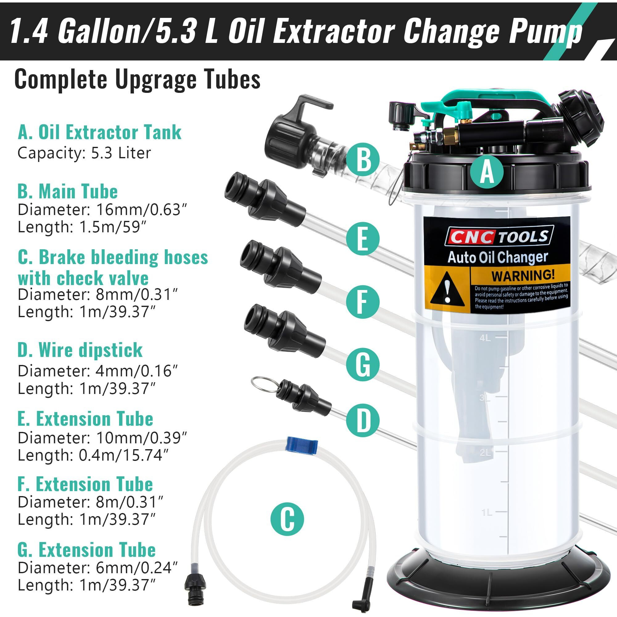 1.4 Gallon/5.3 L Manual Pneumatic Fluid Extractor, Automotive Oil Extractor Pump Oil Vacuum Changer With 5 Pcs Brake Bleeding Hose For Car, Suvs, Truck, Yachts