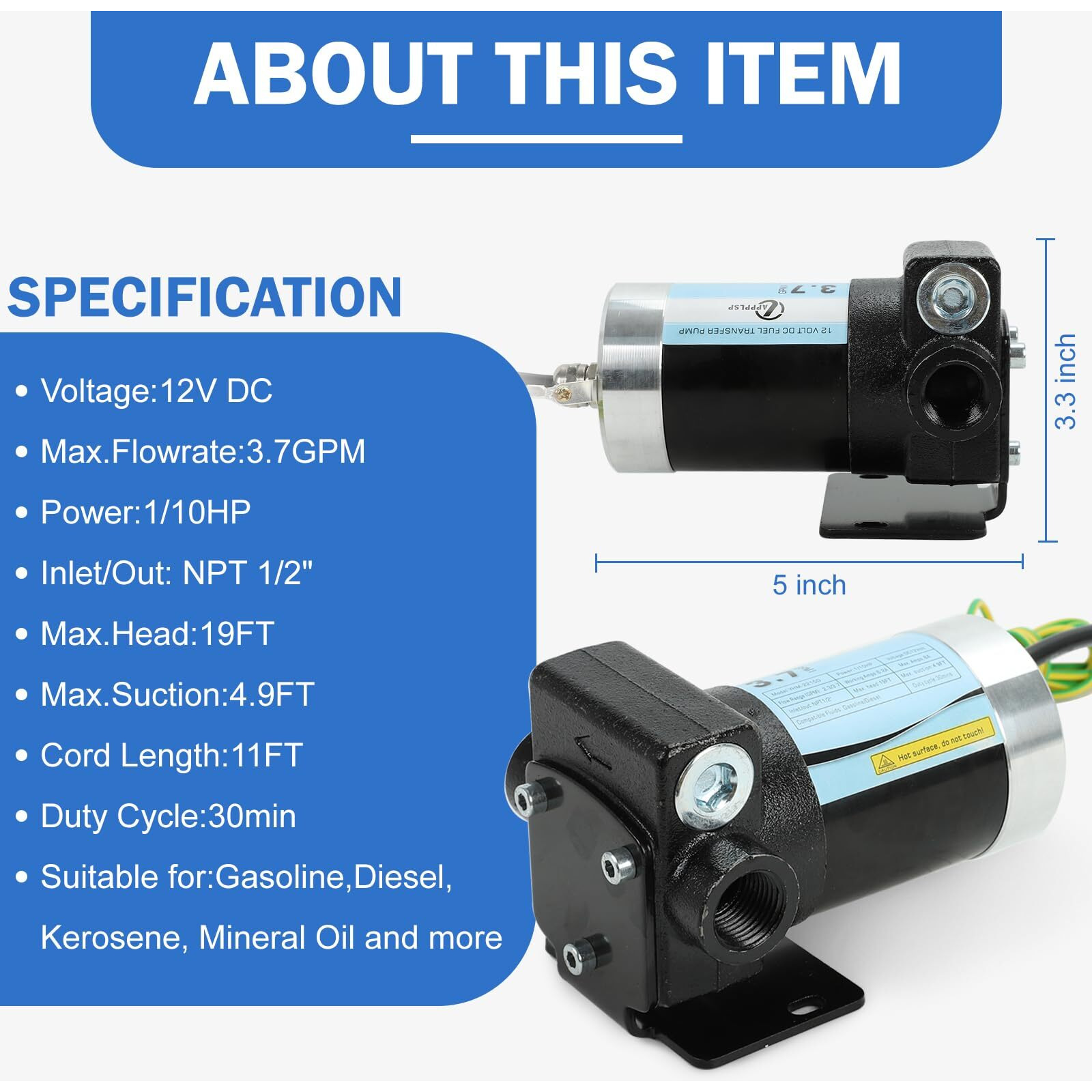 Lappplsp 12V Dc Gasoline Oil Fuel Transfer Pump With Connection Cables, Upgraded Reversible Pumping, Thermal Protection, Switch Control, For Gasoline Diesel Kerosene