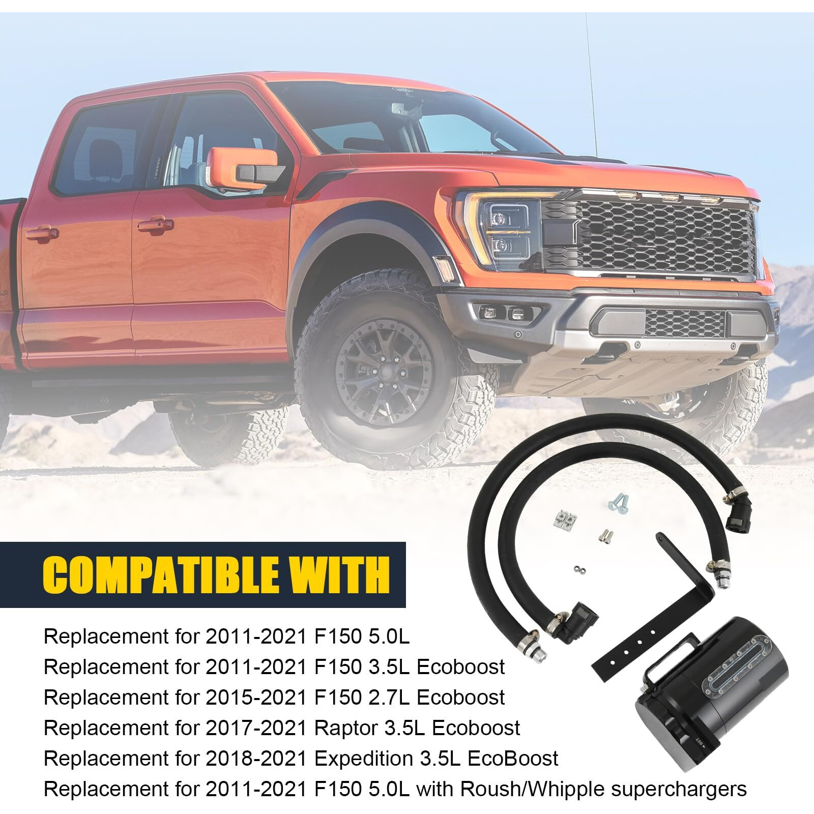 Oil Catch Can Kit Oil Separator Reservoir Tank With Sight Glass Compatible With Ford F150 5.0L/2.7Eb/3.5Eb 2011-2023,Raptor 3.5L Ecoboost 2017-2023, Expedition 3.5L Ecoboost 2018-2023