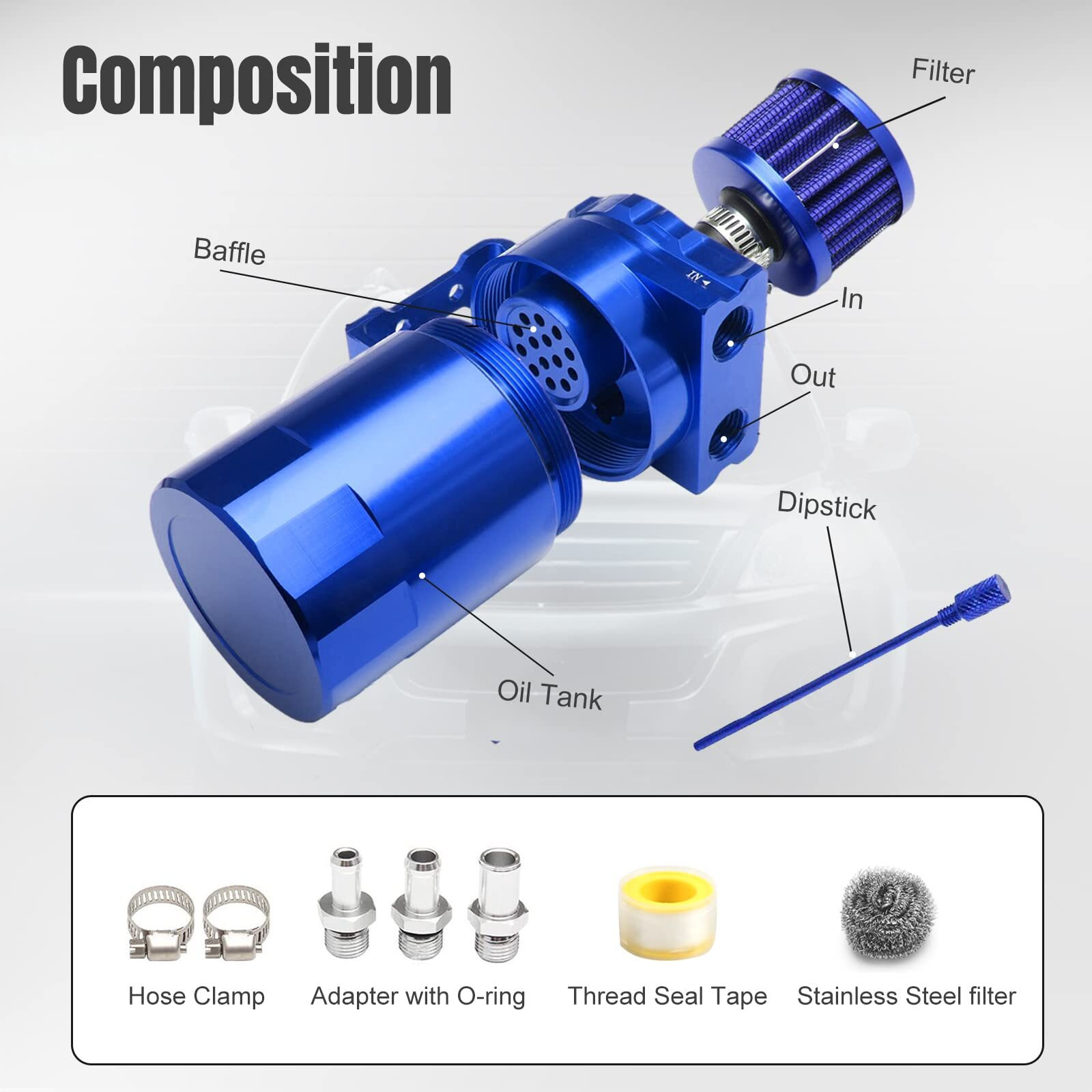 Htostar Racing Thick Shell Baffled Oil Catch Can Coolant Fuel Catch Can Reservoir Kit With Breather - Blue