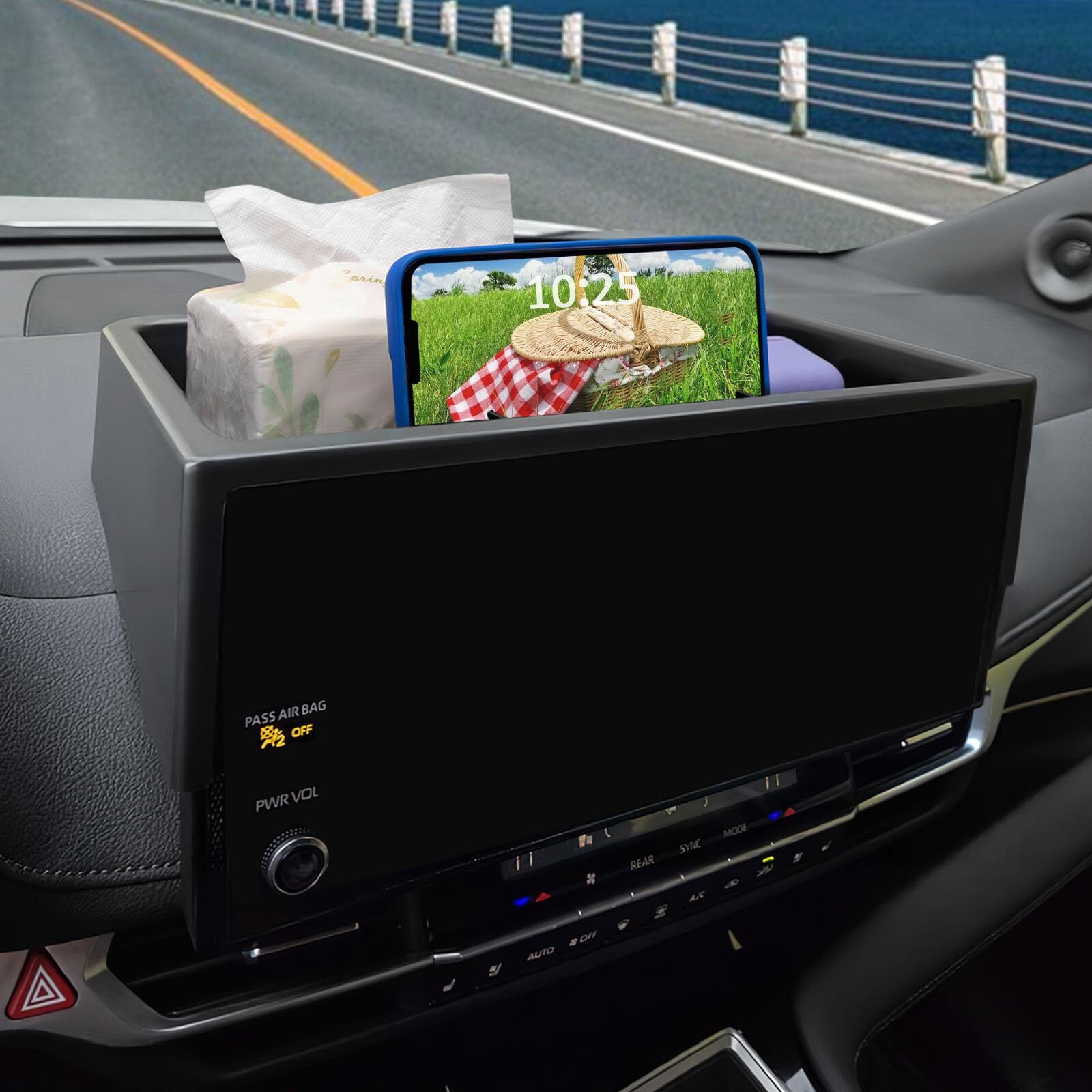 Topinstall 2025 New Dash Tray Phone Holder Compatible With 2025 Toyota Sienna 12.3"" Screen, Dashboard Hidden Storage Organizer Behind Screen Tissue Sunglasses Holder(Not For Le Trim With 8"" Screen)