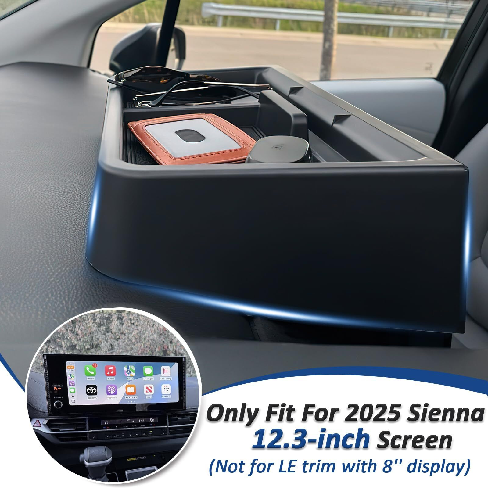 Topinstall 2025 New Dash Tray Phone Holder Compatible With 2025 Toyota Sienna 12.3"" Screen, Dashboard Hidden Storage Organizer Behind Screen Tissue Sunglasses Holder(Not For Le Trim With 8"" Screen)