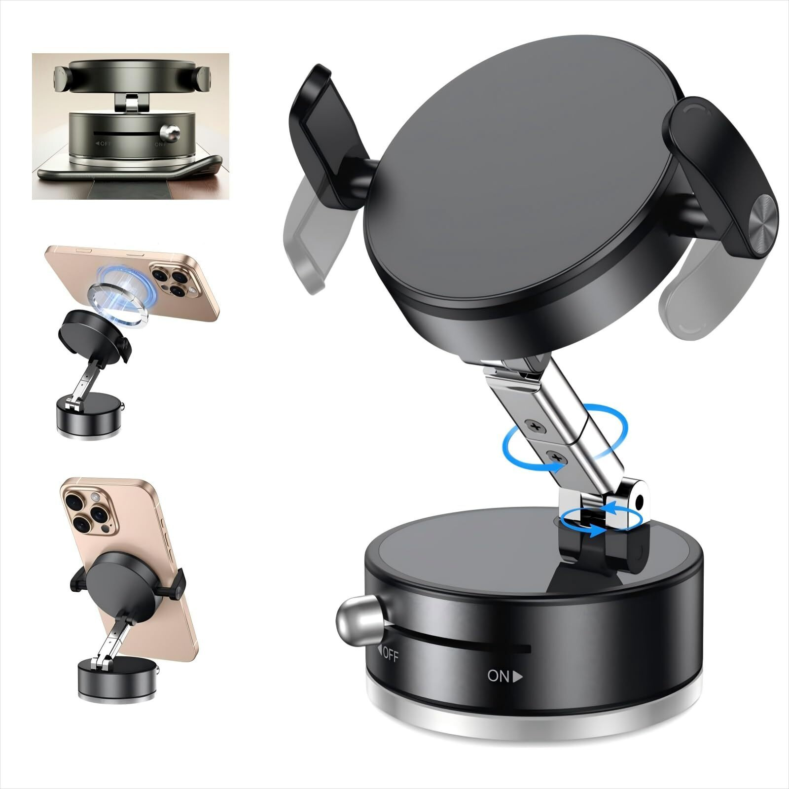 Upgraded 2-In-1 Vacuum & Clip Phone Holder Foldable Extendable Cell Phone Holder 360 Adjustable No-Slip Zinc Alloy Stand Strong Suction Phone Mount For Car Dash/Windshield Office Desk Home Use, Black