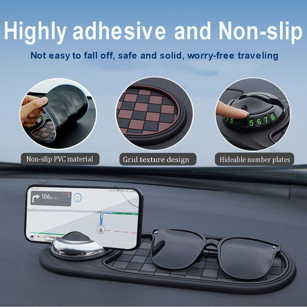 Multifunction Car Anti-Slip Mat, Car Dashboard Mobile Phone Holder, Rotating Anti Slip Mat Auto Phone Holder With Temporary Parking Number, Auto No Slip Pad For Phone, Sunglasses, Key (Brown+Black)