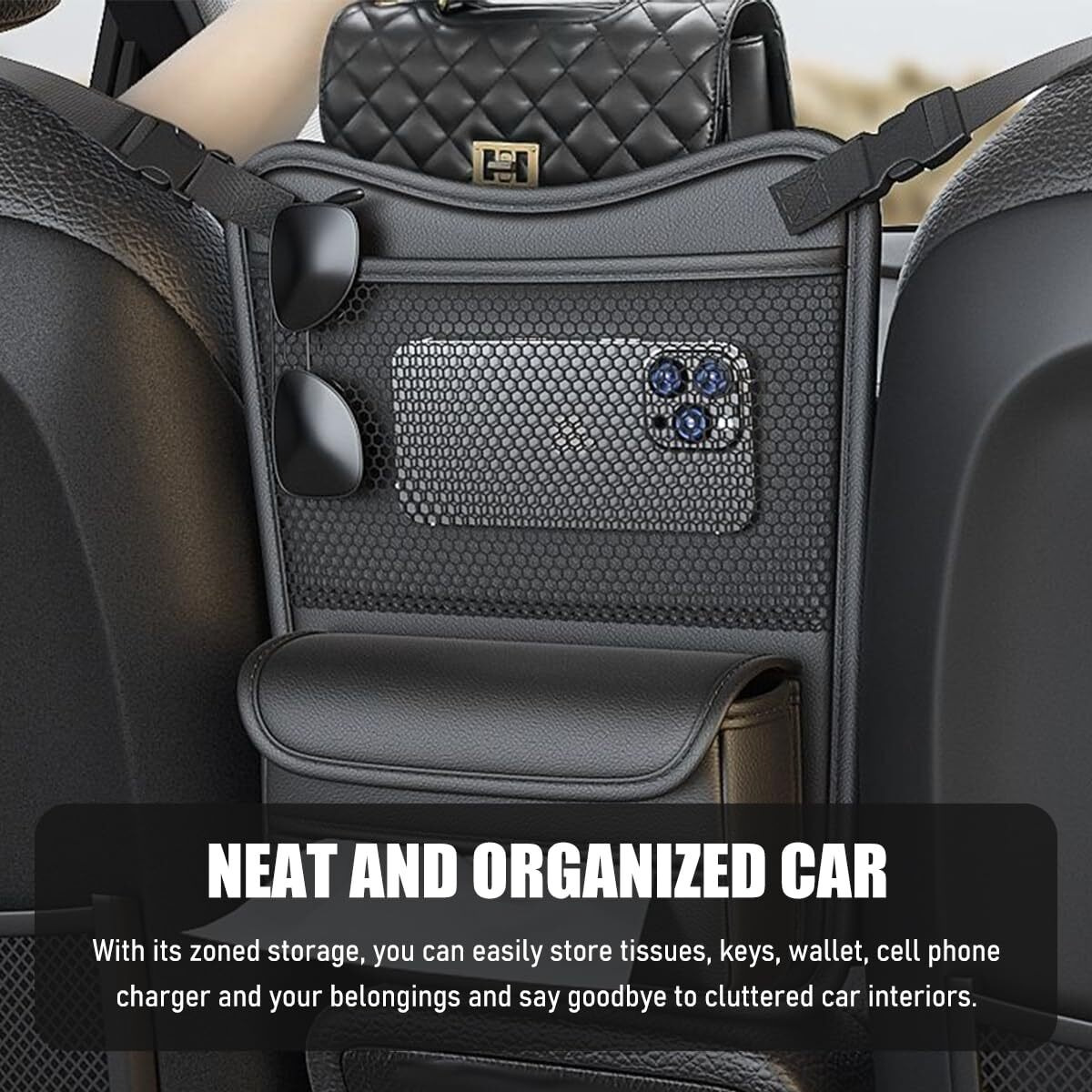 Fsturios Car Organizer Storage Between Seats, Nappa Leather Front Seat Storage Bag With Tissue Holder, Automotive Console Hanging Net Pocket Handbag Holder For Phone Document (Gray)