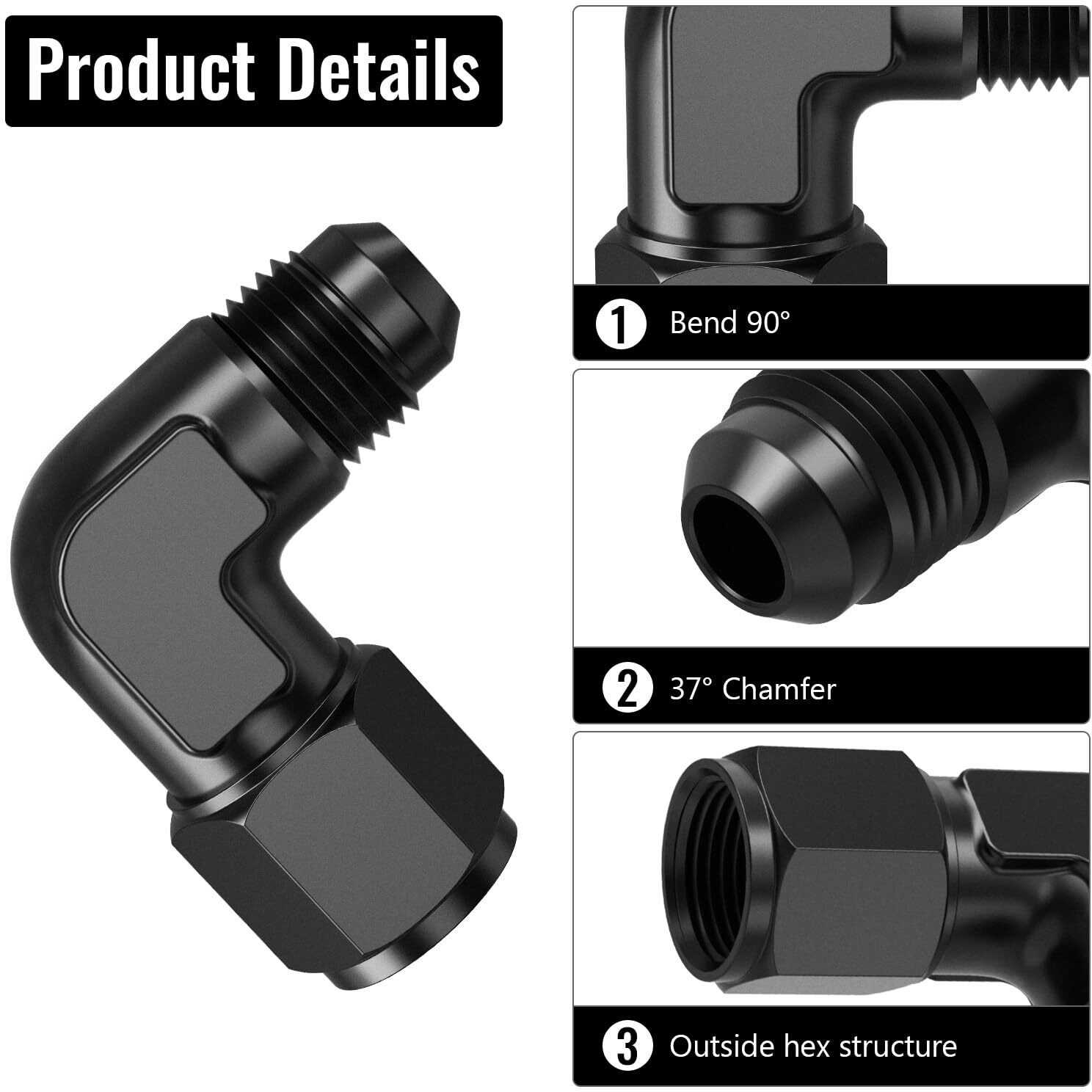 Truckmeter 90 Degree 6An Female To 6An Male Swivel Flare Union Fitting Adapter, Black Hard Aluminum Hex Anodized Connector, Automotive Accessories Suitable For Vehicle Fuel Oil Line Modification