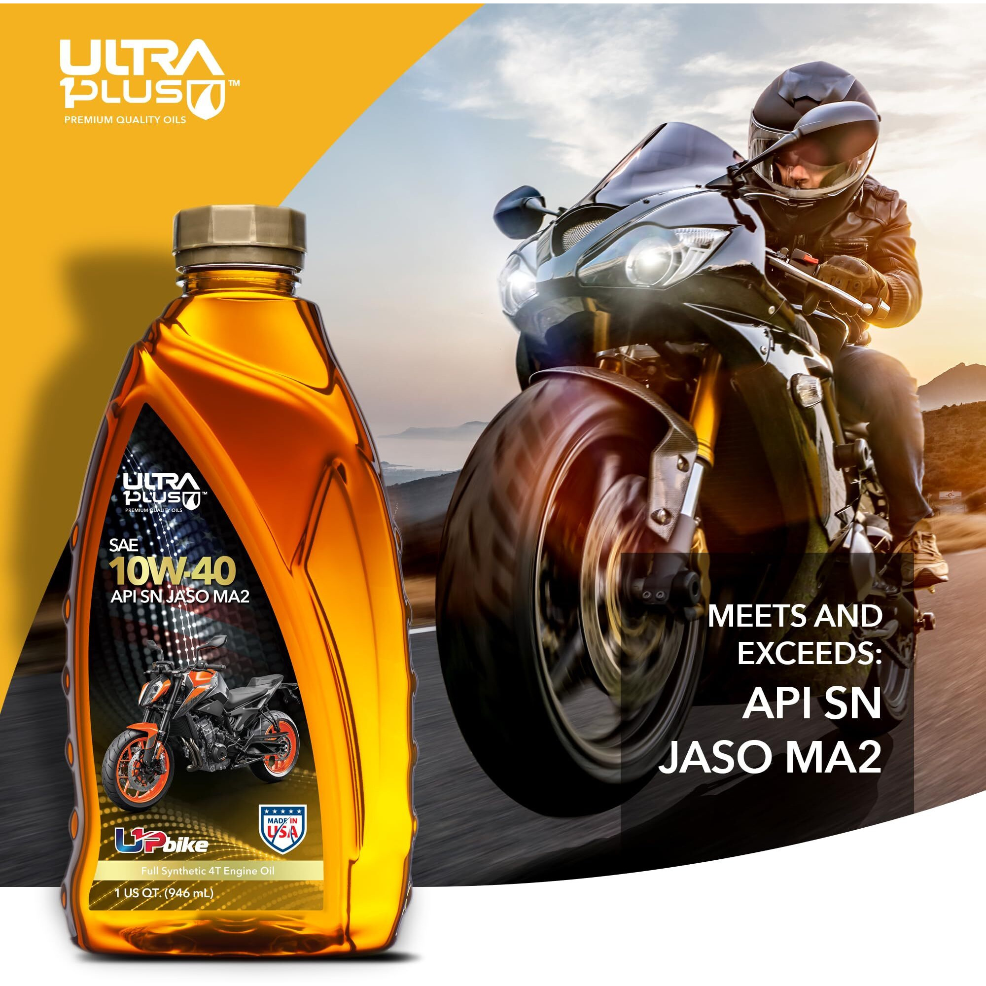 Ultra 1Plus 4T 10W-40 Full Synthetic Motorcycle Oil Api Sn Jaso Ma2-10W40 Motor Oil, 1 Quart