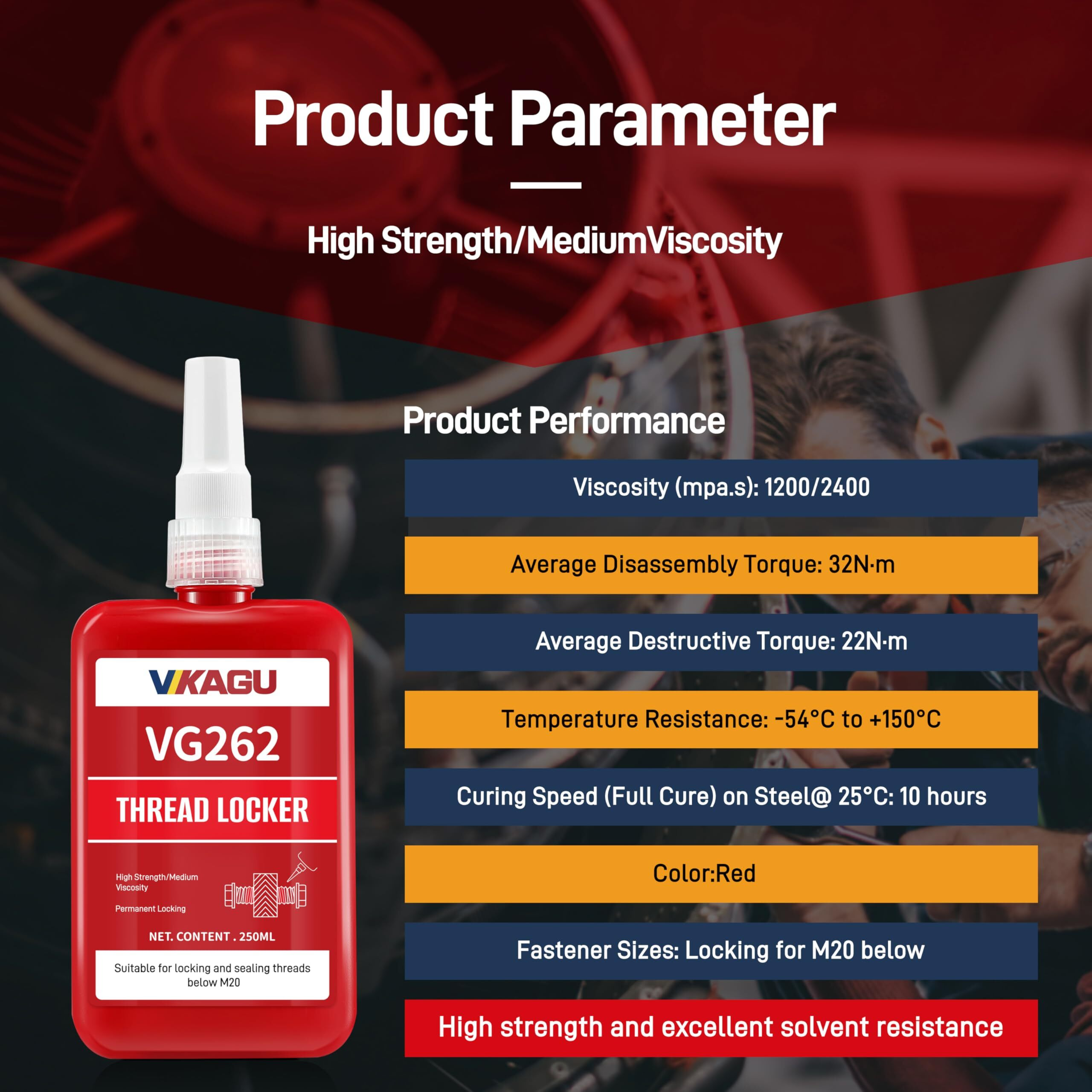 Vikagu 262 Thread Lock,Red High Strength Threadlocker,Anaerobic Curing Screw Glue,Oil Tolerant, Resists Heat 8.45Oz/250Ml