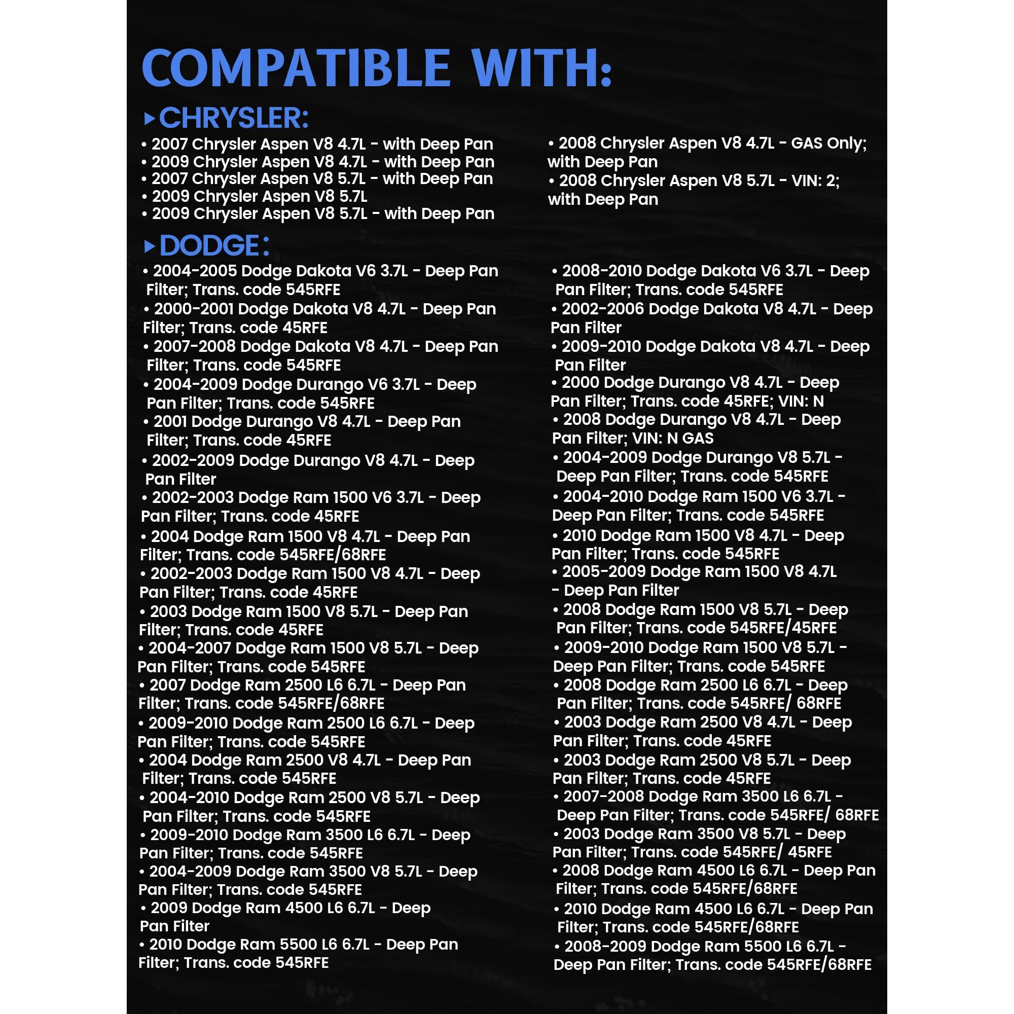 45Rfe 68Rfe 545Rfe Transmission Filter Oil Pan And Gasket Kit Fits For Do-Dge Dakota Durango Ram 1500 2500 3500, J-Eep Grand Cherokee Liberty, Ram 1500 2500 3500, Replaces 4799507, 5013470-Aa