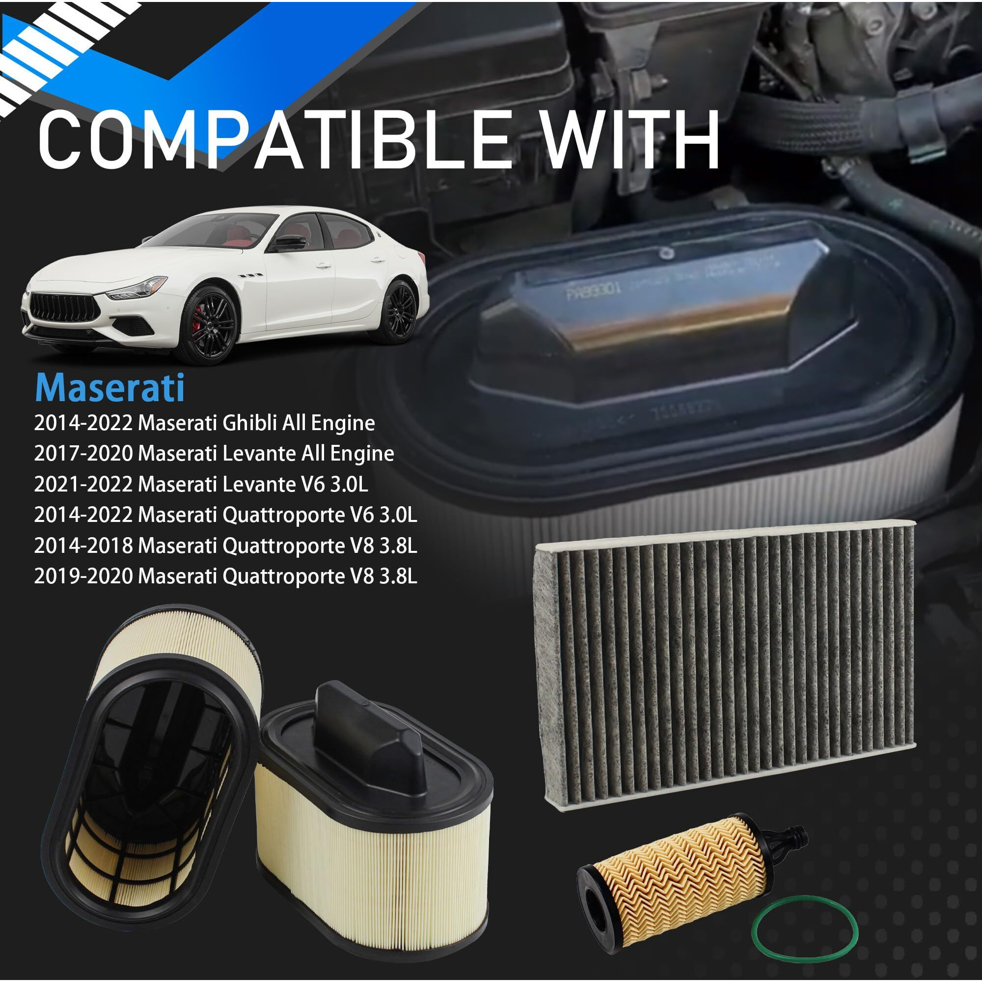 Yzusgomumu 4Pcs Engine Air Filter + Oil Filter + Cabin Air Filte Compatible With 2014-2022 Maserati Ghibli Levante Quattroporte All Engine Replaces 670001545 670005021 000311401
