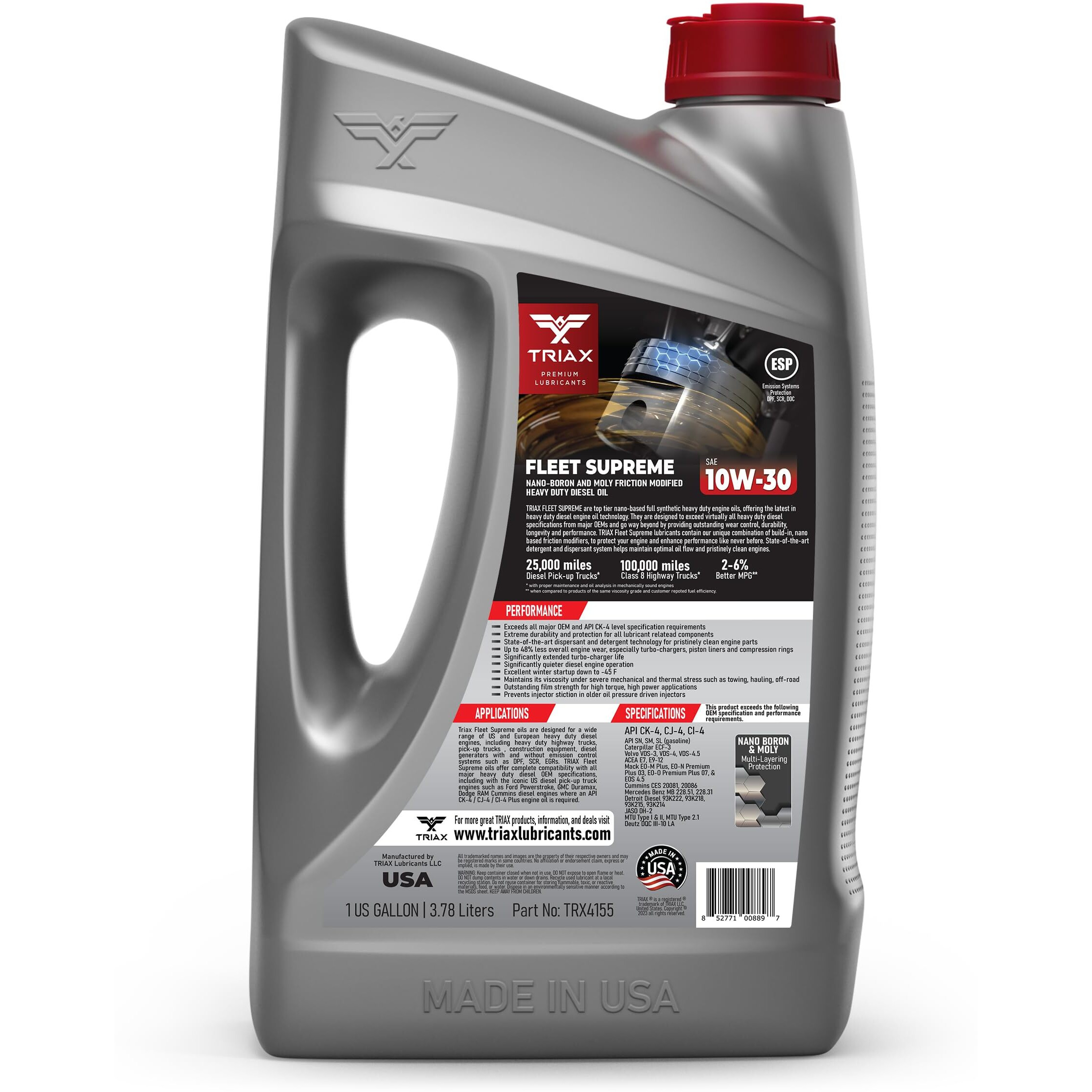 Triax Fleet Supreme Esp 10W-30 Api Ck-4 Full Synthetic Diesel Engine Oil - Friction Modified & Performance Boosted - For All Heavy Duty Diesel Engines (4 Gallon Pack)